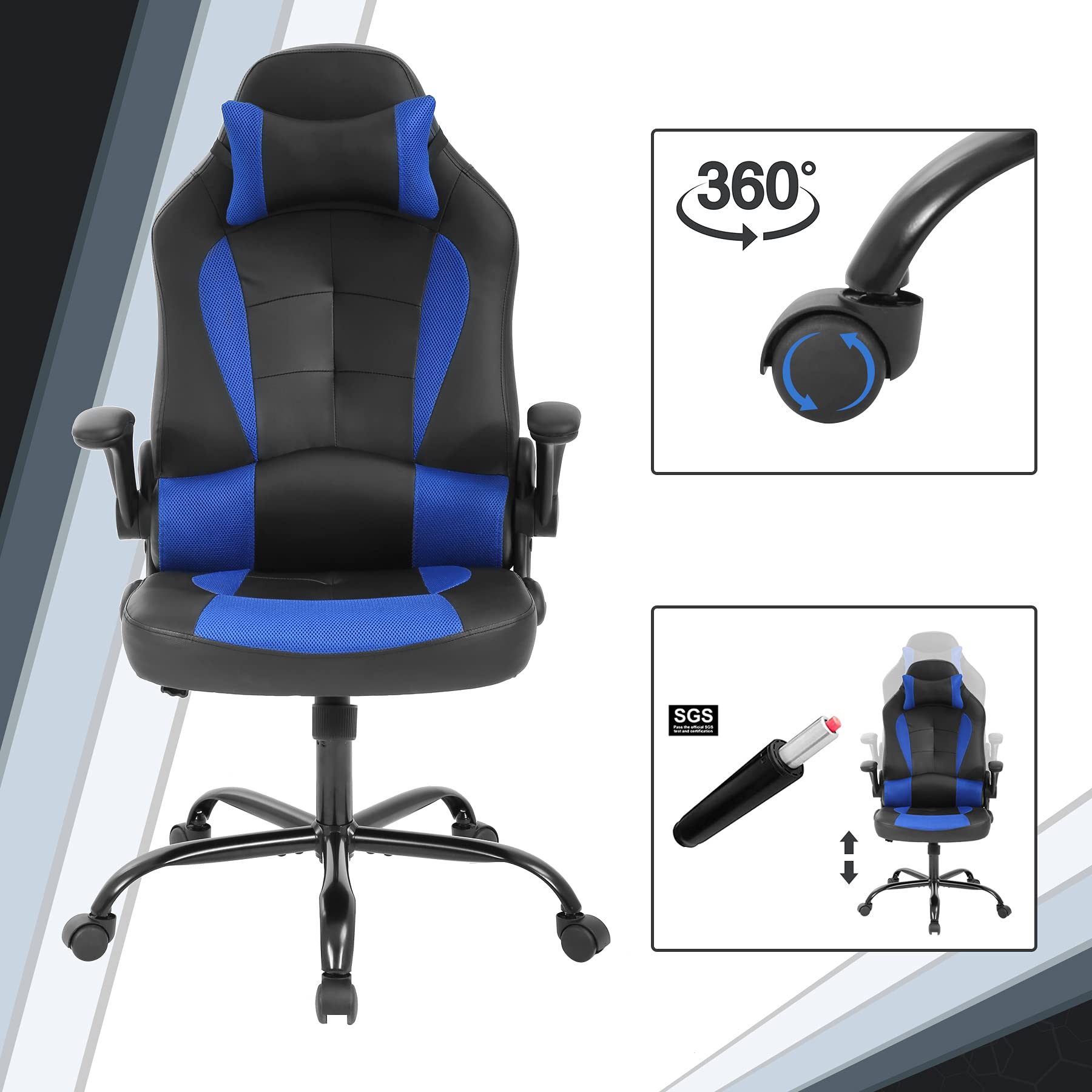 Ergonomic Gaming Chair with Lumbar Support - Adjustable PC Computer Racing Chair for Office & Home, Flip-Up Armrests, Swivel & Rolling Task Chair for Men & Women (Blue) - Perfect for Gaming, Working & Studying