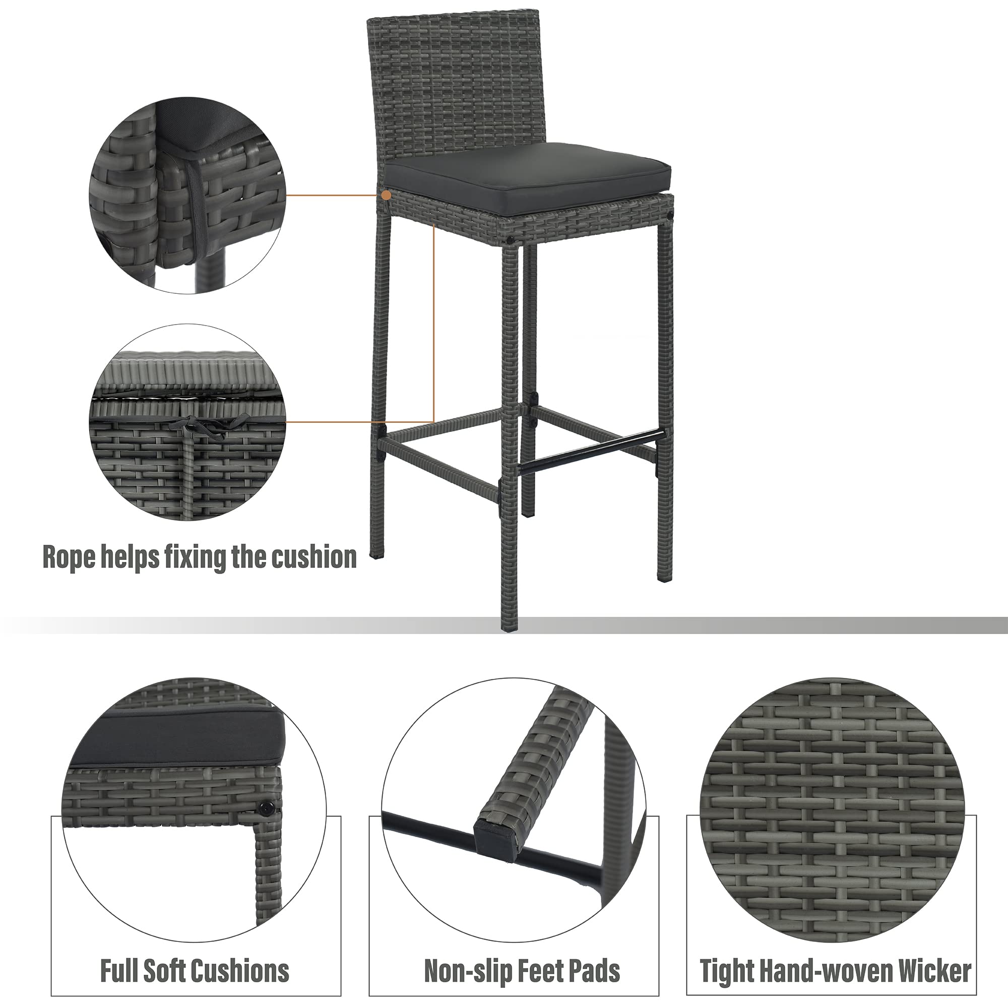 5-Piece Outdoor Patio Rattan Counter Height Dining Set - All-Weather Wicker Bar Table & Chairs with Acacia Wood Table Top & Removable Cushions - Perfect for Backyard, Garden, Poolside & Restaurant Outdoor Seating