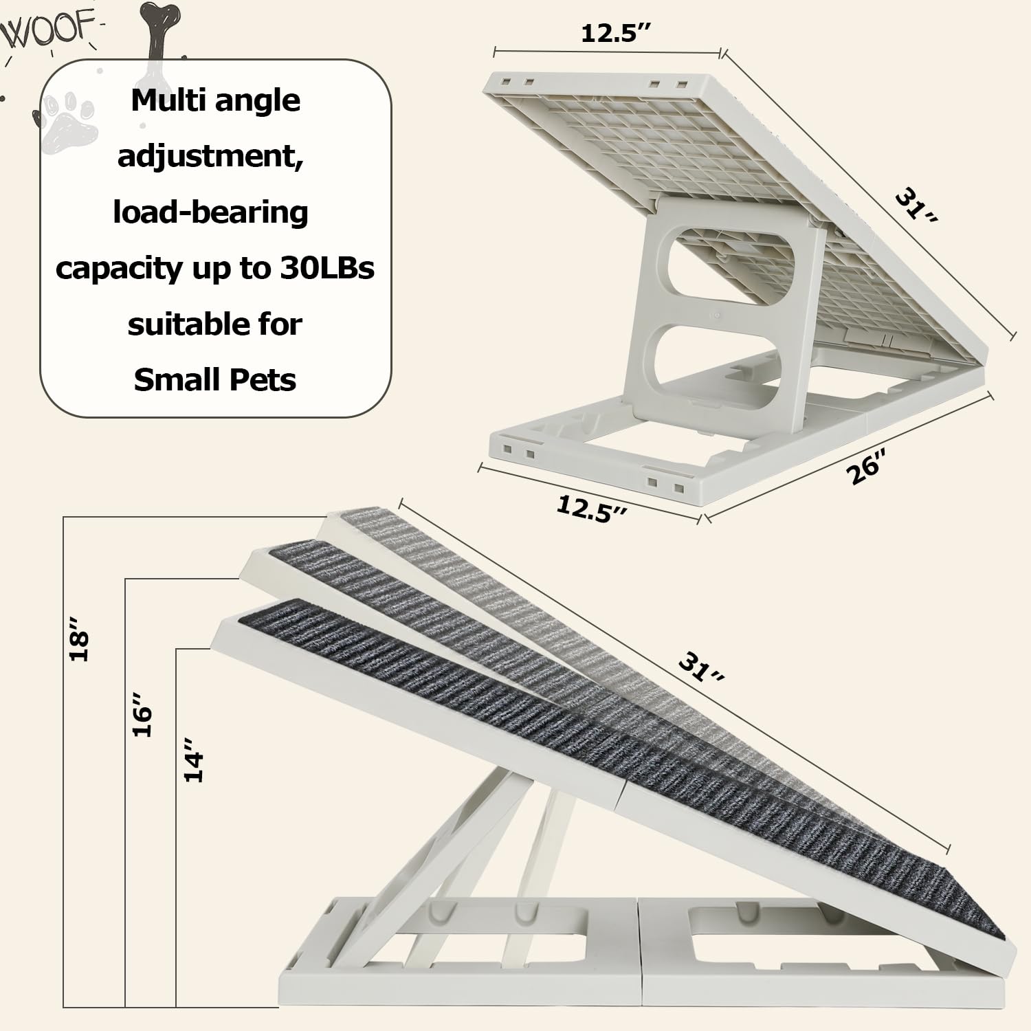 **Pawzone Adjustable Dog Ramp for Small Pets - Folding Collapsible Cat Ramp with Non-Slip Carpet - Portable Indoor Pet Ramp for Sofa, Chair, Bed - Perfect for Elderly or Injured Pets**