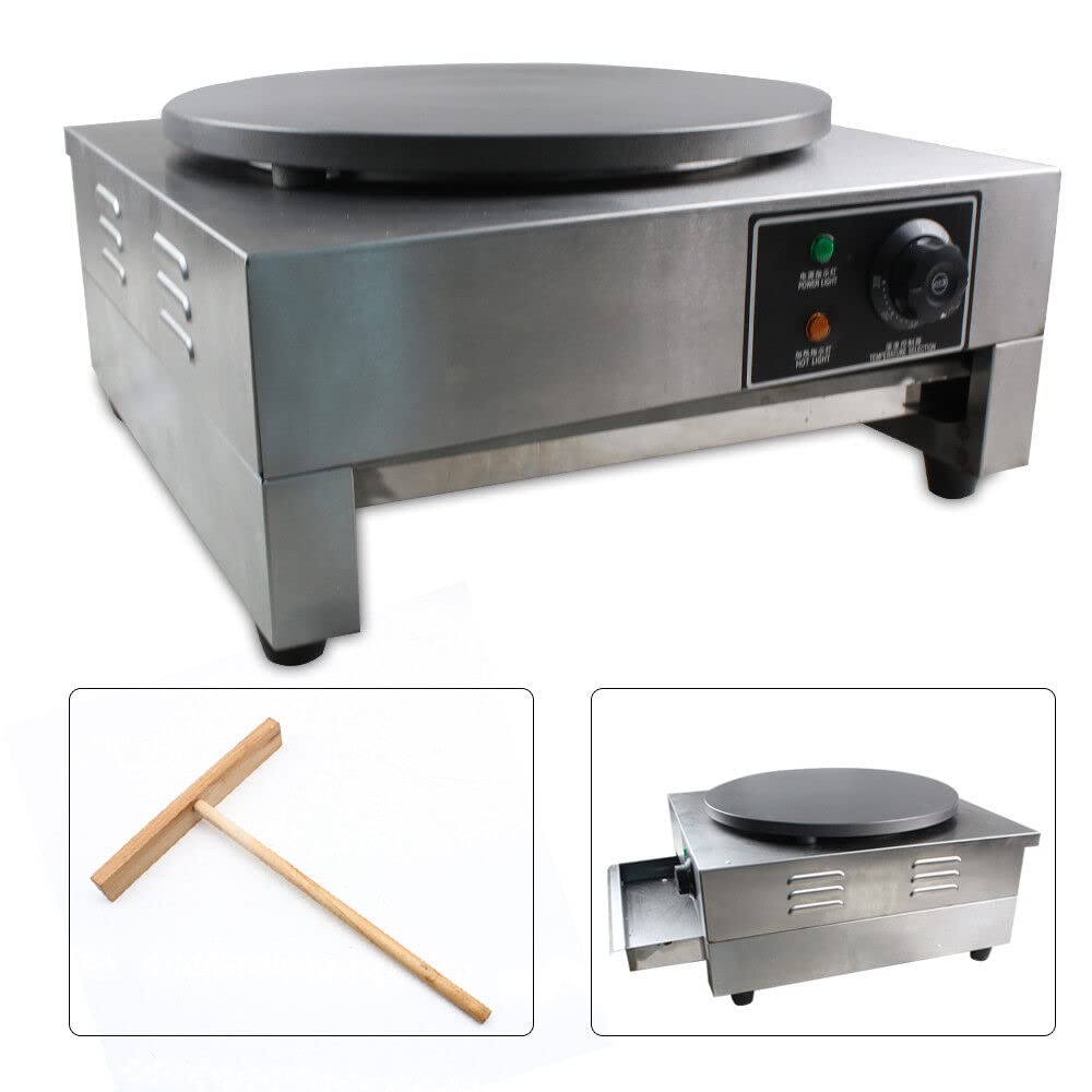 Commercial Crepe Maker Machine 16 Inch - 3000W Heavy Duty Round Pancake Griddle with Cast Iron Cooking Surface & Food-Grade Non-Stick Coating, Indicator Lights - Perfect for Restaurants, Cafes, Breakfast Buffets & Catering Businesses