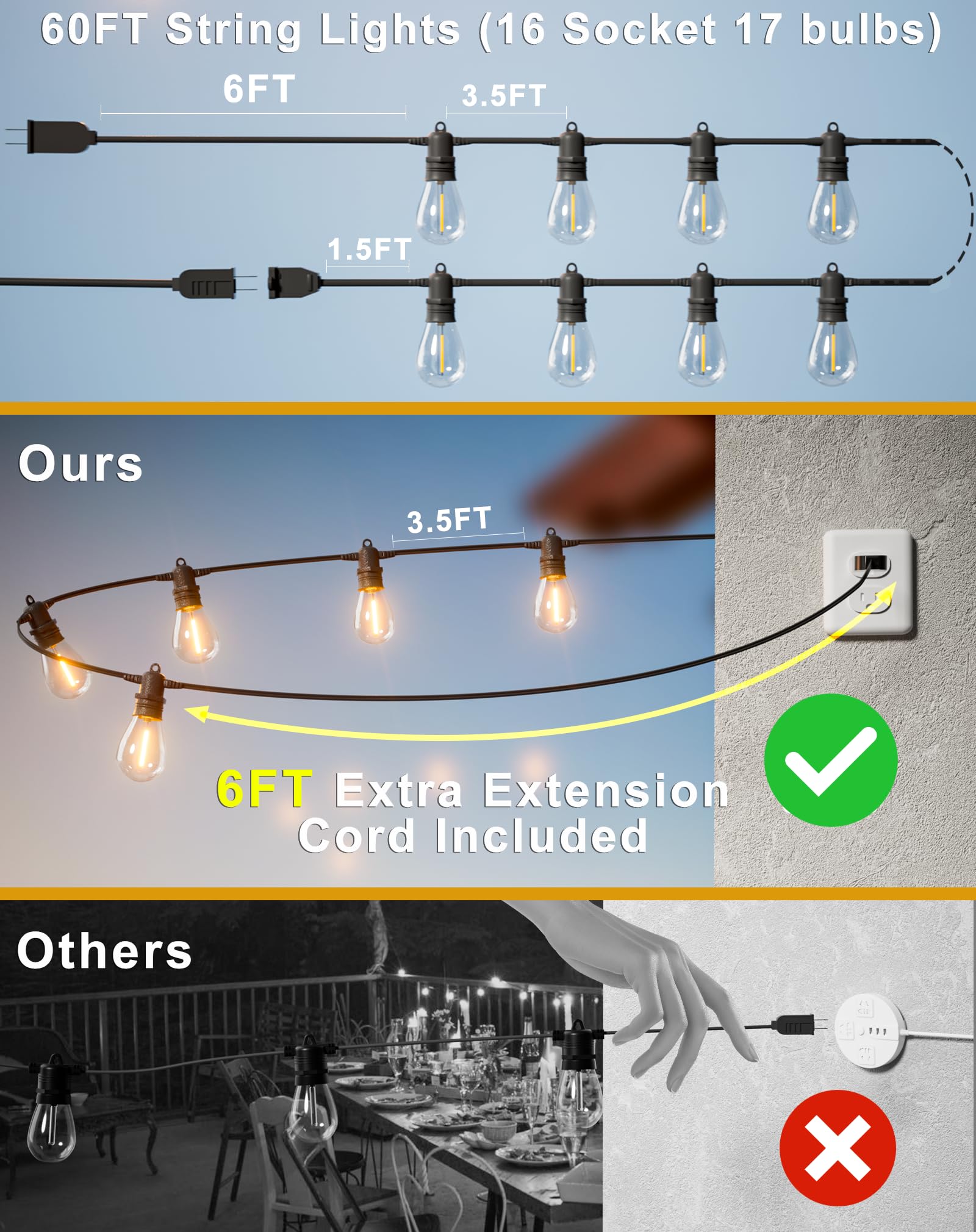 60FT LED Outdoor String Lights with 16+1 Shatterproof Edison Bulbs - IP65 Waterproof, 2700K Warm White Dimmable - Commercial Grade Patio Lights for Garden, Porch, Deck, Backyard, Wedding & Party Decor