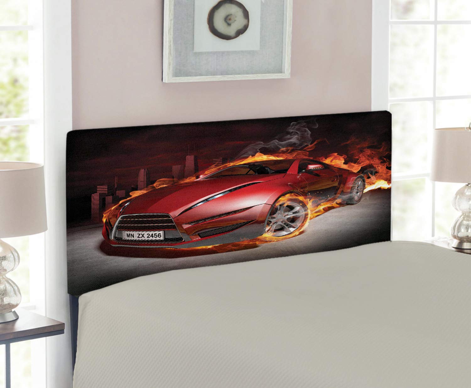 Ambesonne Red Sports Car Headboard - Twin Size Upholstered Metal Bed Frame with Memory Foam | Vintage Automobile Design Featuring Blazing Engine Smoke & Burnout Tires in Orange Black Red | Perfect for Boys Room, Racing Theme Bedroom or Car Lover's Decor