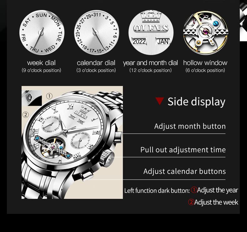 OLEVS Automatic Skeleton Watches for Men - Self-Winding Tourbillon Mechanical Watch with Date Display, Luxury Stainless Steel Waterproof Mens Watch | Perfect for Business, Formal Events & Everyday Wear
