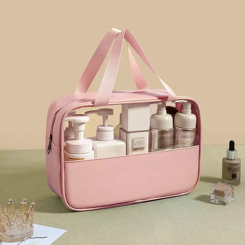 Luxula Clear PVC Travel Cosmetic Bag - Waterproof Makeup Organizer & Toiletry Pouch for Women & Girls (Pink, Large Size) - Perfect for Air Travel, Gym, Beach & Daily Essentials Storage