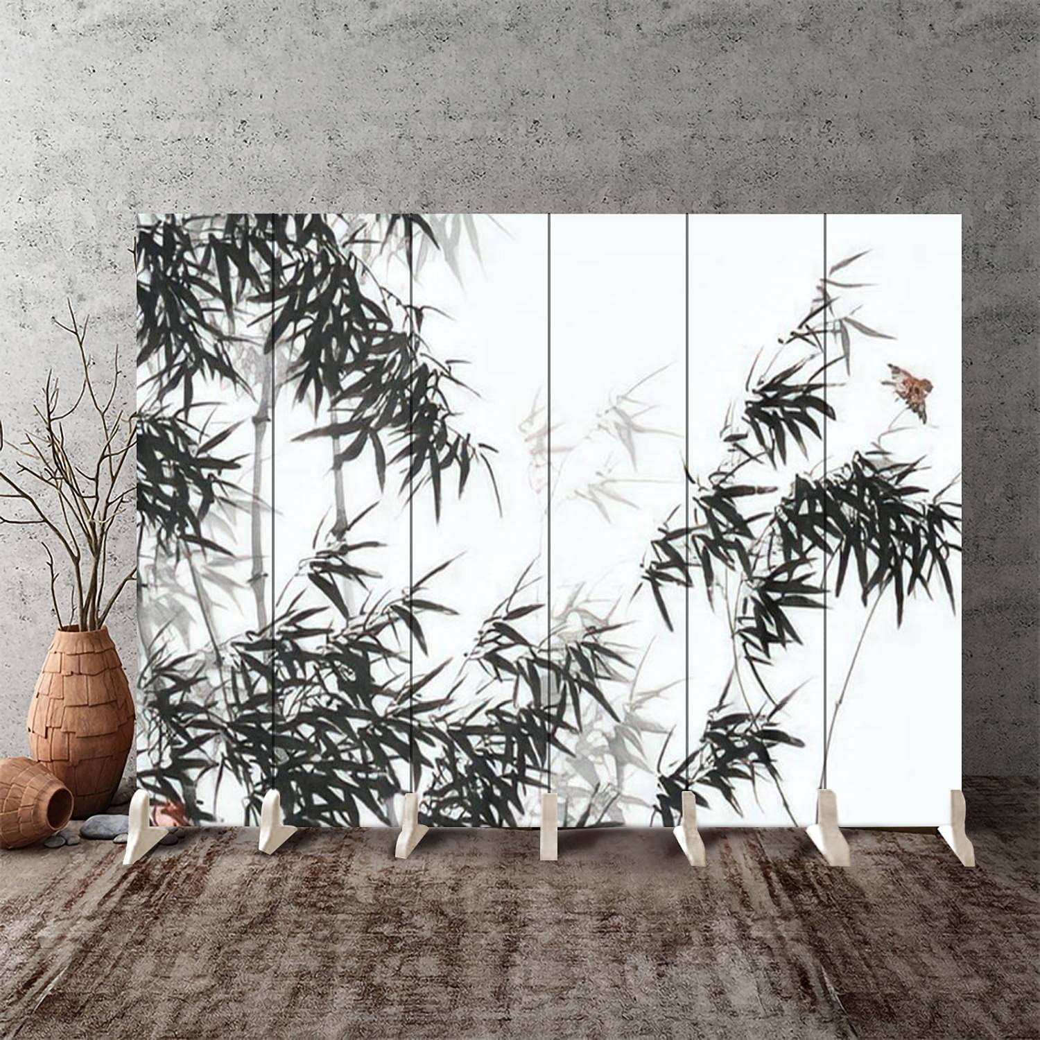 6-Panel Bamboo Canvas Room Divider with Chinese Ink Wash Painting - Folding Privacy Screen for Bedroom, Office & Living Room Separator | Home Decor Partition Wall