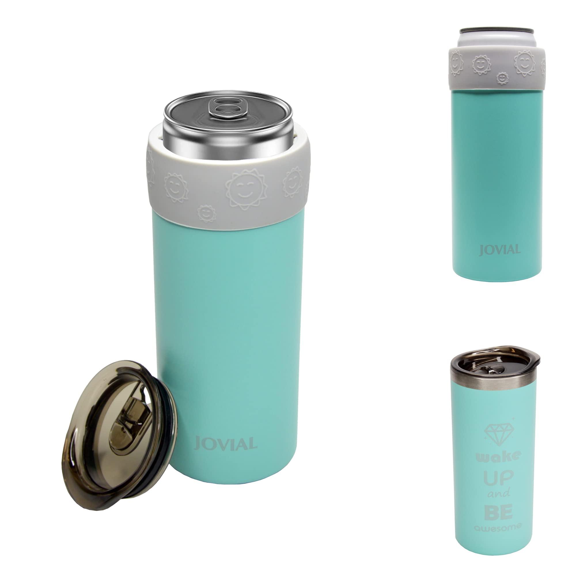 JOVIAL Slim Can Cooler Tumbler - Insulated Stainless Steel Skinny Can Holder for 12oz Slim Cans, Double Wall Vacuum Insulation with Lid (Seafoam) - Perfect for Beach, Pool Parties & Outdoor Activities