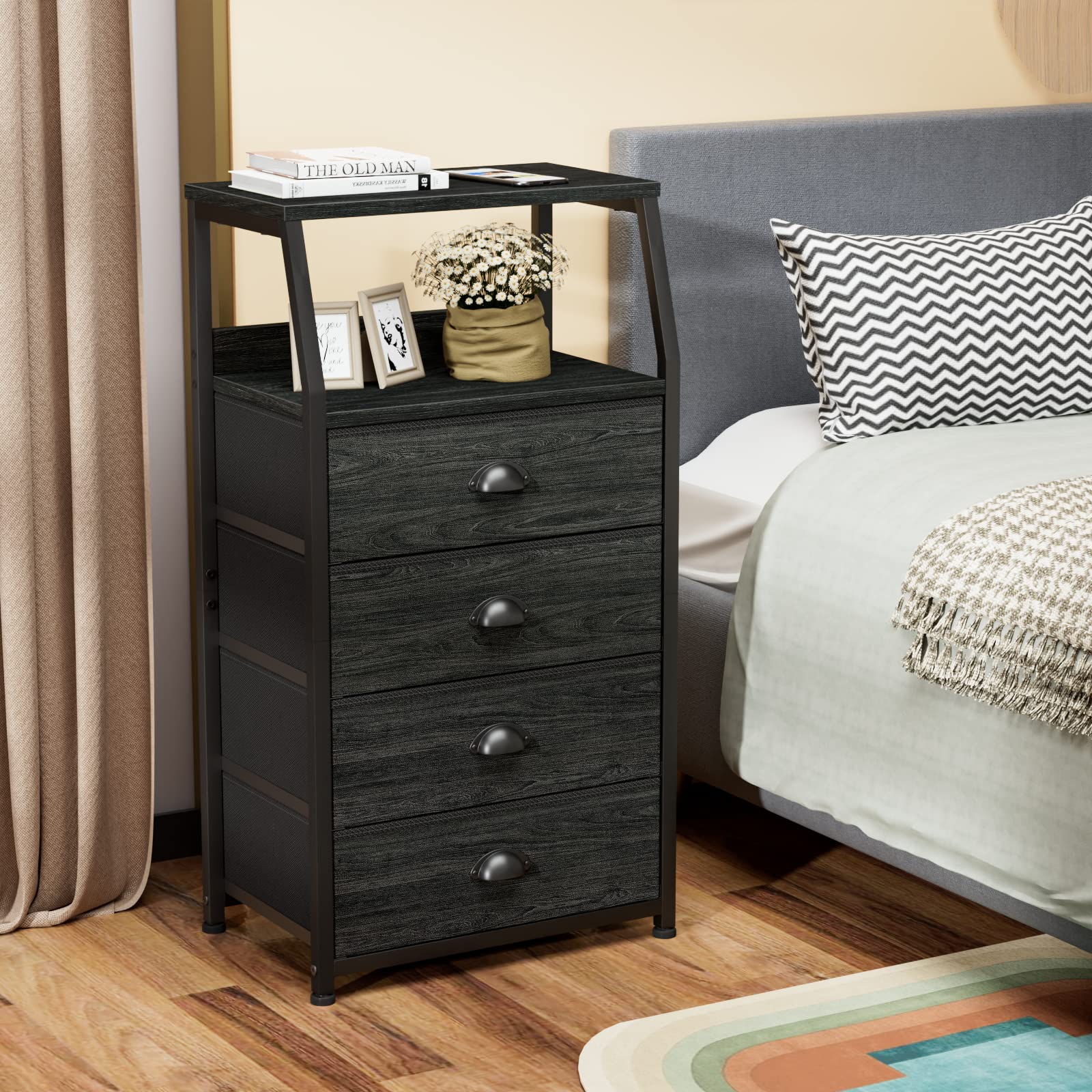 Furnulem Tall 4 Drawer Dresser - Vertical Storage Tower Organizer with Sturdy Steel Frame & Wood Top for Bedroom, Hallway, Entryway, Nursery | Space-Saving Closet & Nightstand Solution for Small Rooms & Apartments