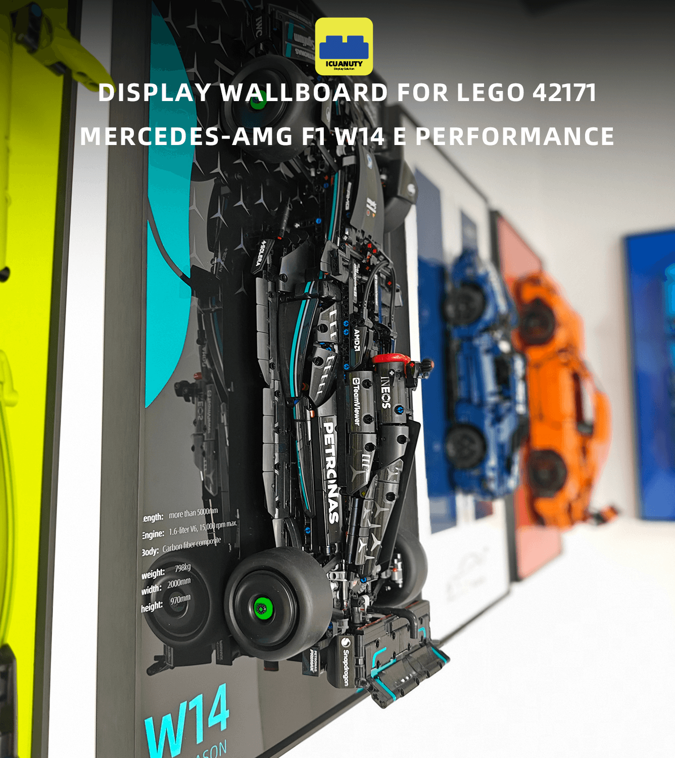Lego Mercedes AMG F1 W14 E (42171) Display Wall Mount Frame - Premium Car Model Stand for Lego Technic Sets - Perfect for Home Office Decor, Toy Car Collection Display & Gift for F1 Fans