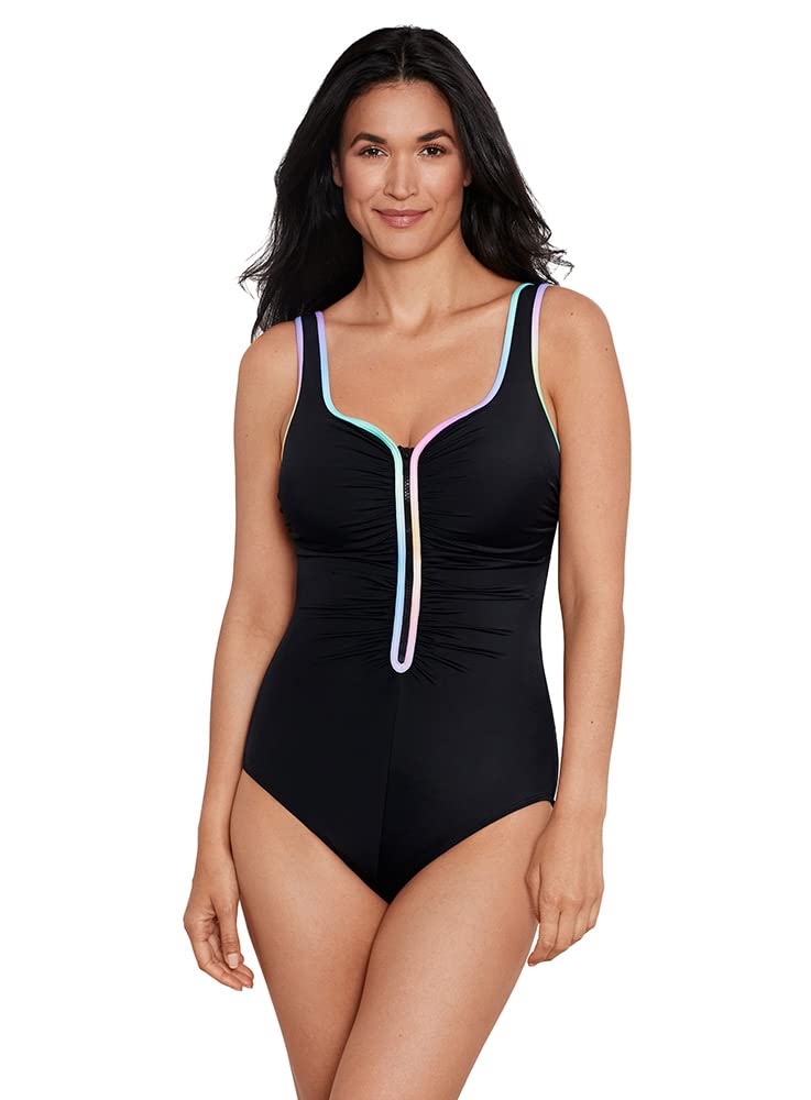 Penbrooke ShapeSolver Sport Women's Colorful Shirred Zip Soft Cup One Piece Swimsuit - Comfortable & Supportive Bathing Suit for Swimming, Beach & Water Sports
