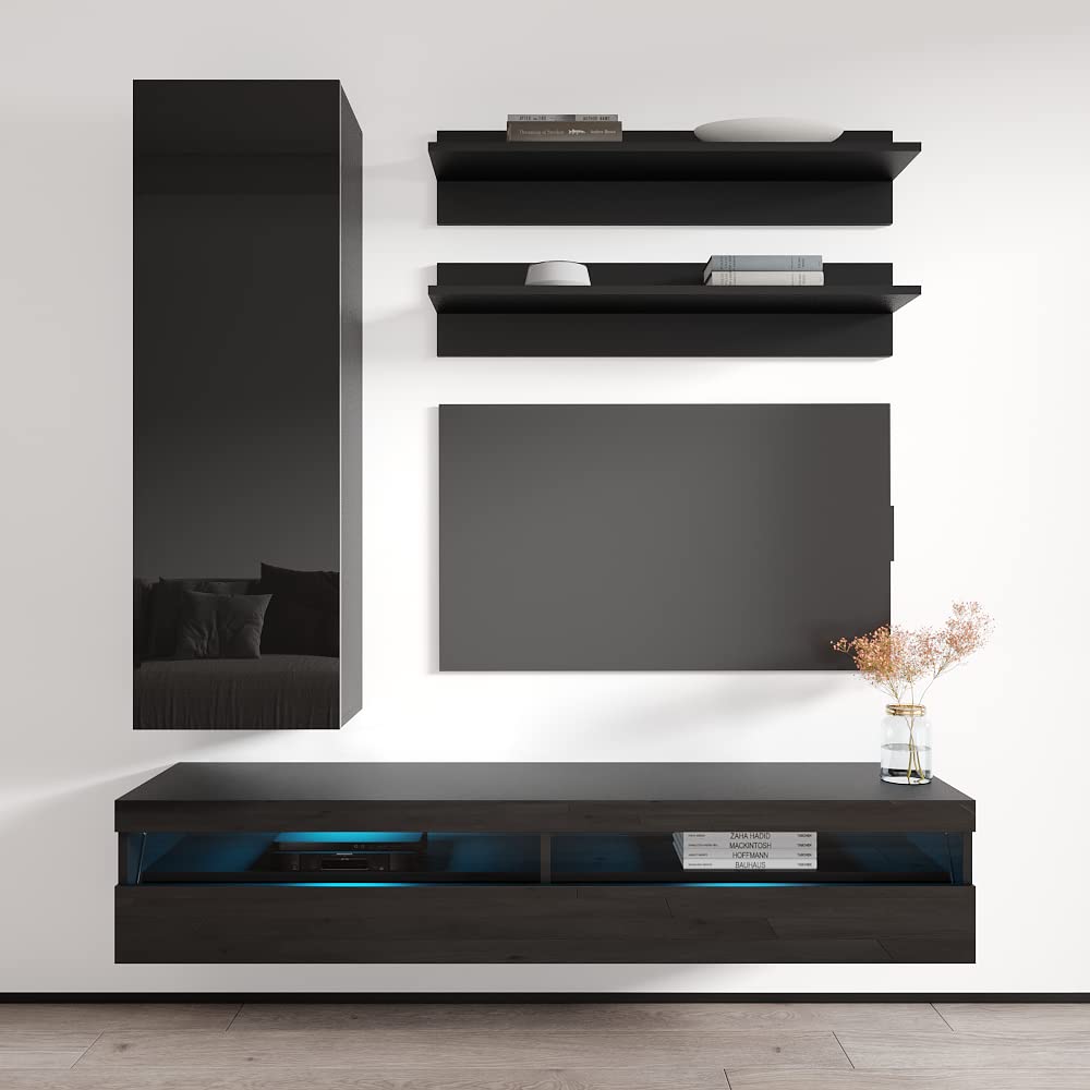 Modern Floating TV Stand with Storage & LED Lights - Wall-Mounted Entertainment Center for Bedroom & Living Room - 35 Inch TV Console with Shelves - Black - Perfect for Small Spaces & Home Theater Setup