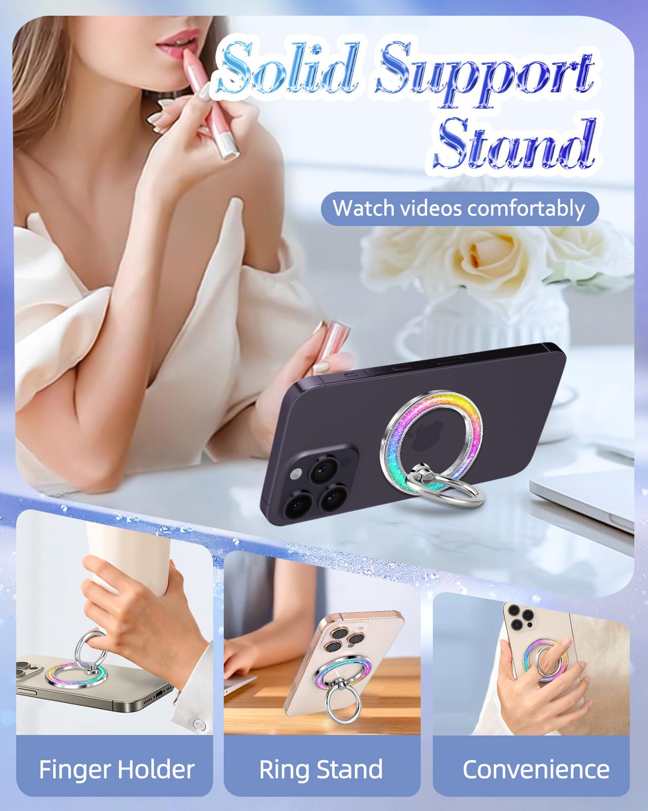 Magnetic Phone Ring Holder for iPhone 16/15/14/13 Pro Max Plus - MagSafe Compatible, Glitter Sparkle Grip Stand with Removable Finger Strap (Rainbow) - Perfect for Selfies, Videos & Hands-Free Use