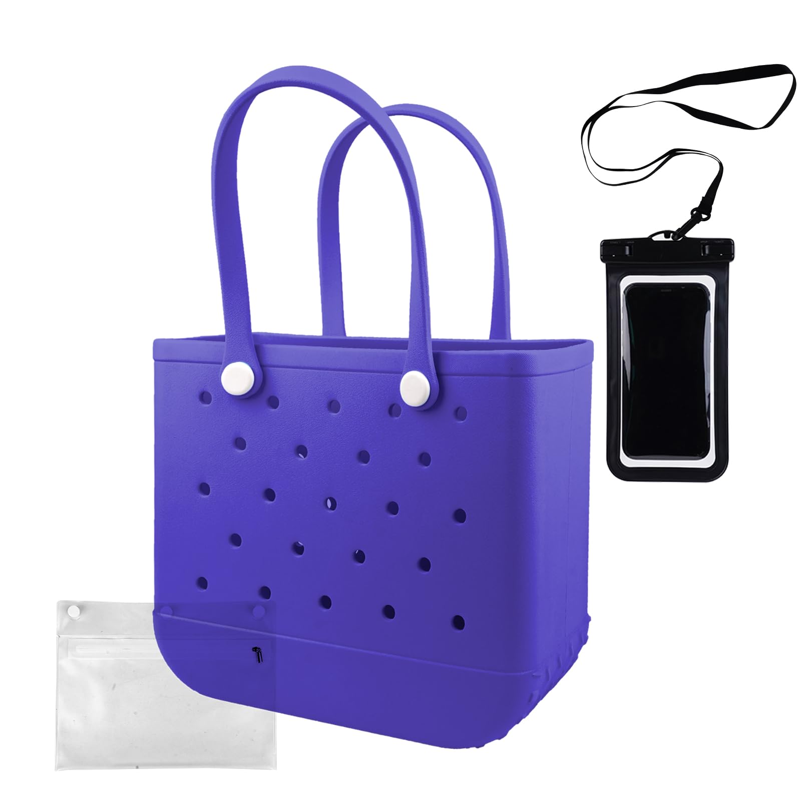Waterproof Rubber Beach Tote Bag with Zipper Pocket & Phone Pouch - Durable Washable Open Purse for Women - Perfect for Pool, Boat, Beach Vacation & Summer Travel Accessories