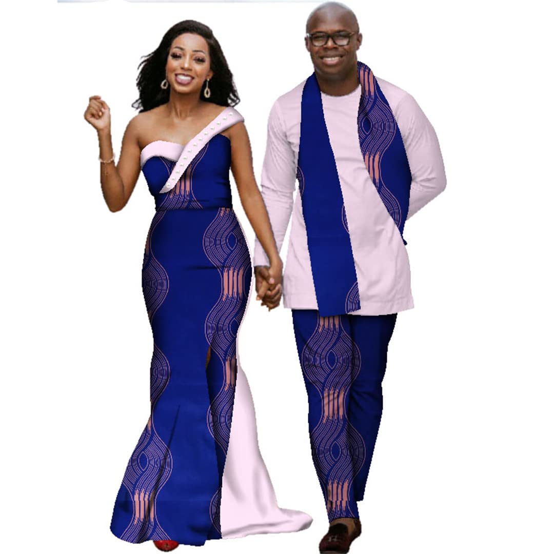 African Print Dresses for Women & Men - Matching Couple Outfits, Long Sleeve Shirt and Pants Sets, XXL Size 24FS1329 | Perfect for Weddings, Parties and Cultural Events