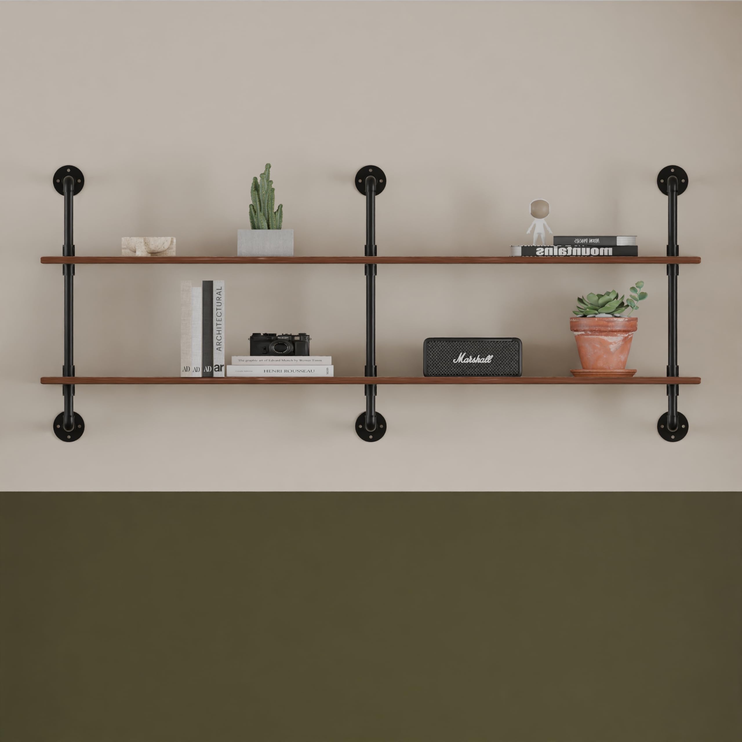 70 Inch Floating Shelves Wall Mounted - Industrial Pipe Bookshelf with Real Wood Planks | Rustic Farmhouse Style for Kitchen, Bar & Living Room Decor