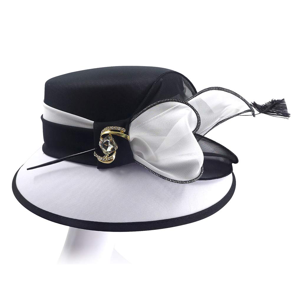 Elegant Black & White Derby Hats with Feather for Women | Formal Church & Wedding Hats | Stylish Bucket Hat for Sunday Service, Tea Party & Special Occasions