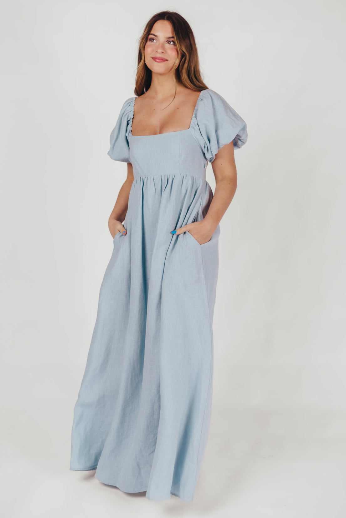 Candace Maxi Dress in Light Blue | 100% Linen Maternity Dress | Bump Friendly & Comfortable | Perfect for Pregnancy, Beach Vacations & Summer Outfits (Low Stock)