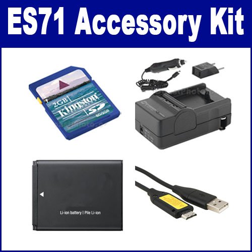Samsung ES71 Digital Camera Accessory Kit with SDBP70A Battery, SDM-1516 Charger, 2GB Memory Card & USB 2.0 Cable - Perfect for Travel, Photography & Backup Power