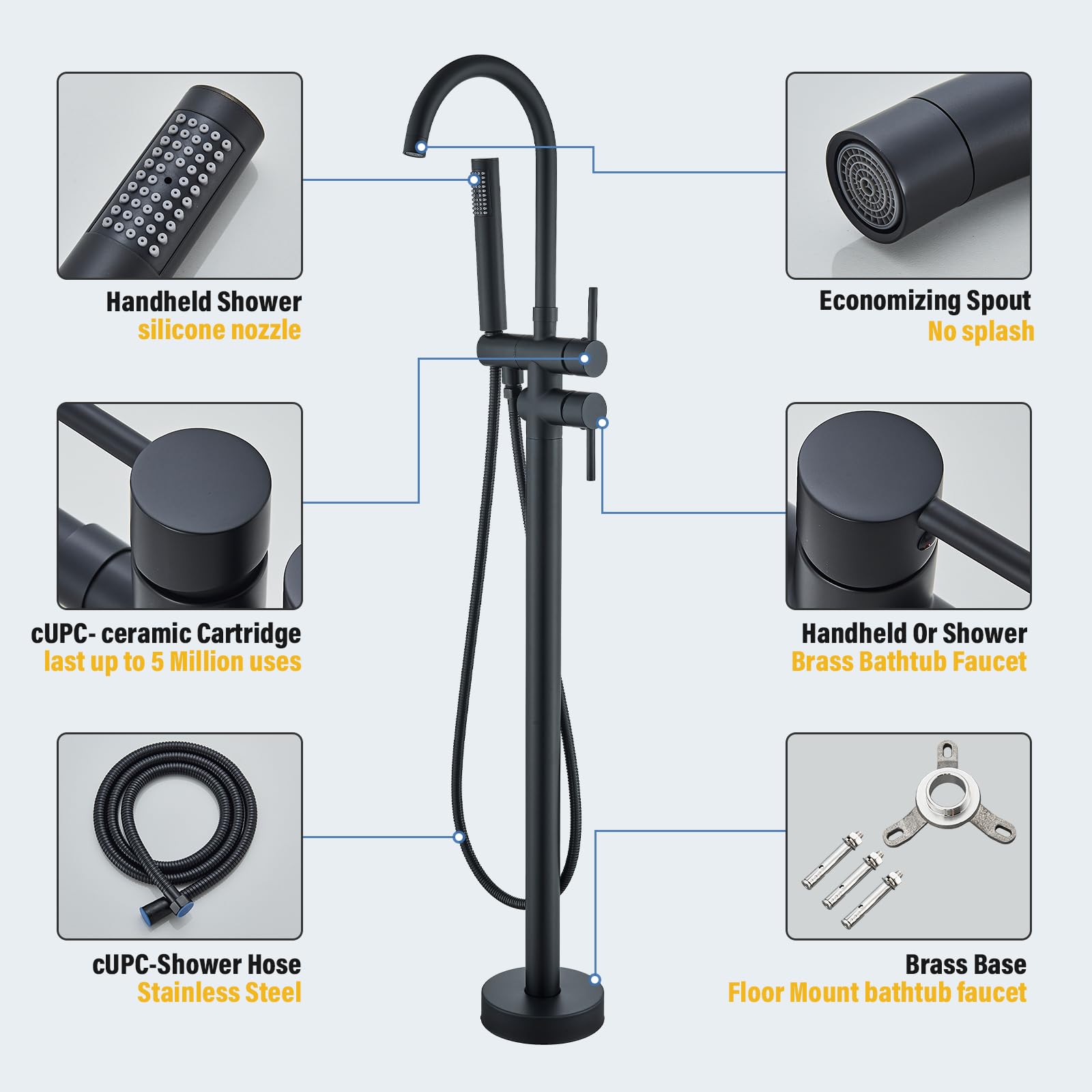 NeierThodore Matte Black Freestanding Bathtub Faucet - Floor Mount Tub Filler with 2 Handles & Hand Shower Sprayer - Modern Bathtub Shower Mixer Tap for Luxury Bathroom & Spa Experience
