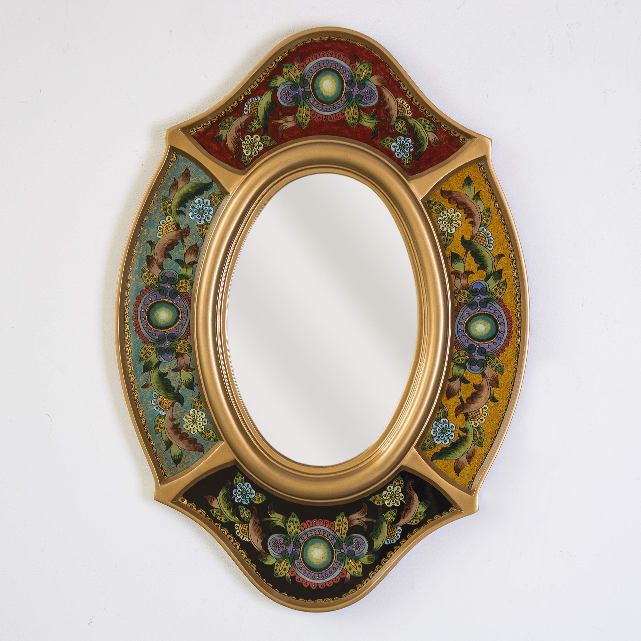 Handpainted Gold Wood Frame Oval Wall Mirror - Peruvian Ornate Decorative Accent Mirror for Living Room, Bedroom & Entryway Decor