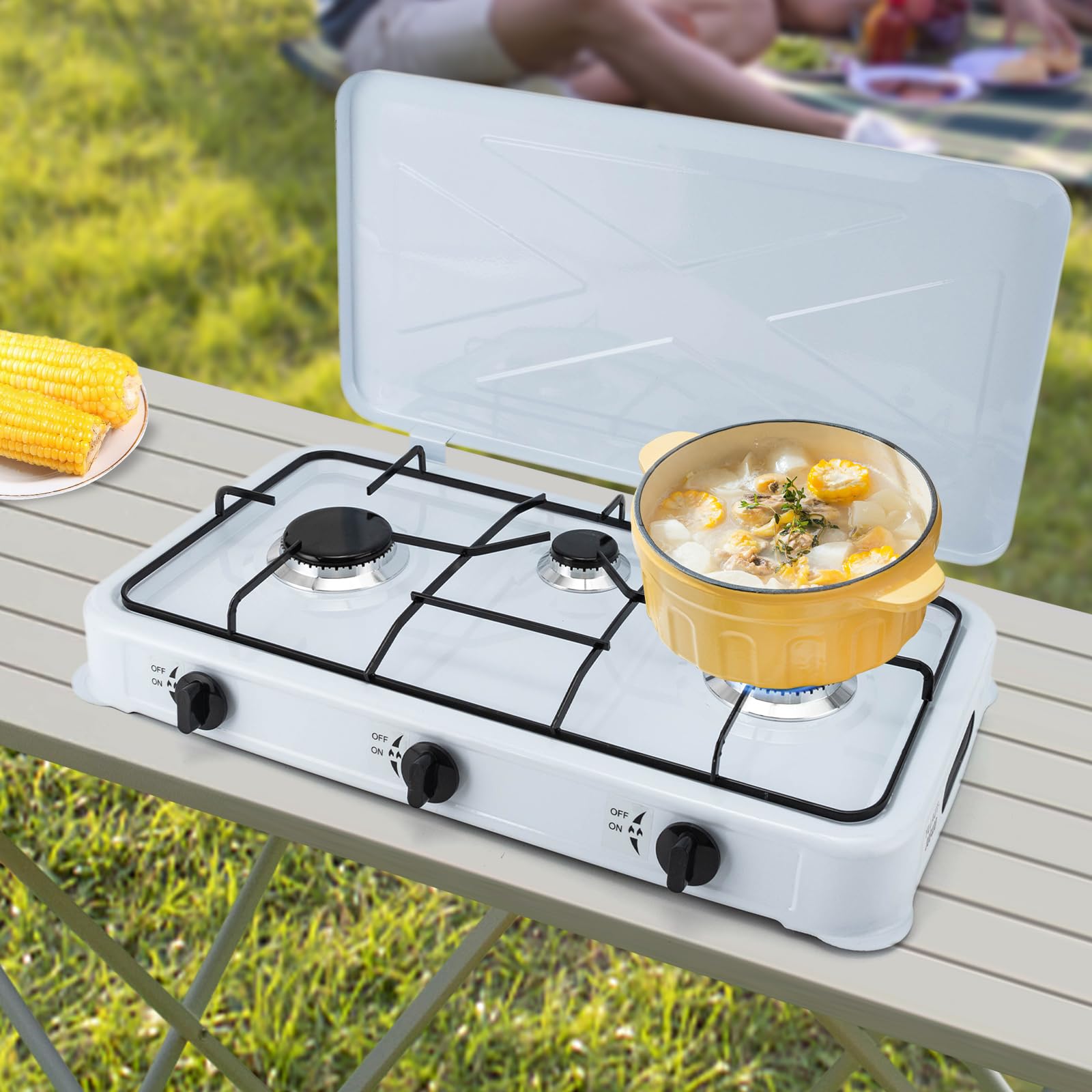 3 Burner Propane Gas Cooktop with Wind Blocker - Portable Camping Stove with Auto Ignition for RV, Apartment & Outdoor Cooking | Perfect for Camping Trips, Tailgating & Emergency Preparedness