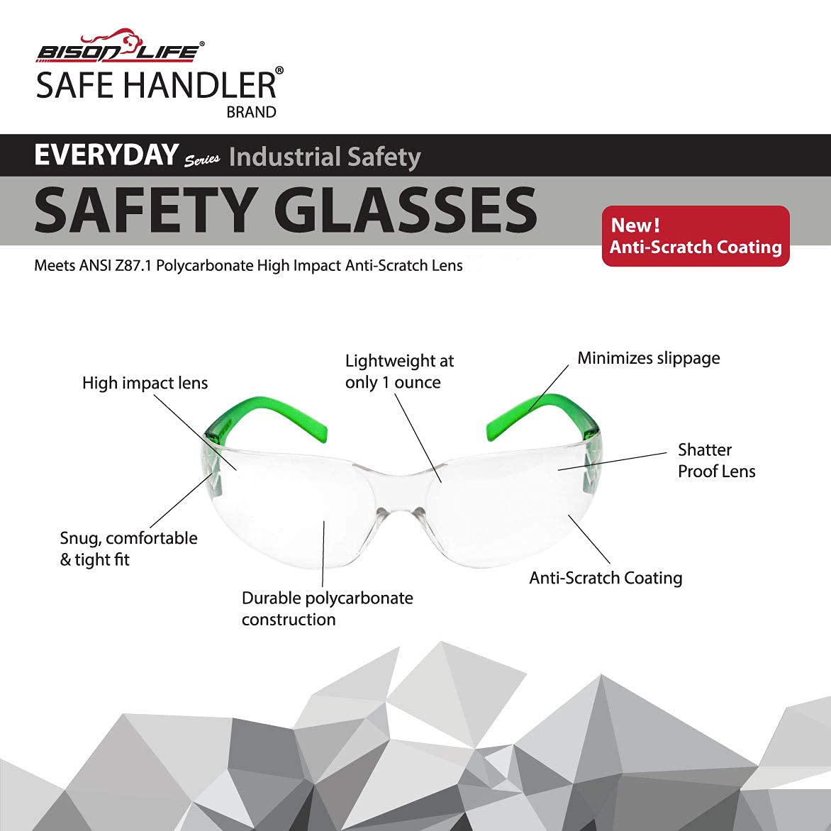 BISON LIFE Safety Glasses - Clear Polycarbonate Impact & Ballistic Resistant Lens, Green Temple (12 Boxes, 144 Pairs) - Ideal for Construction, Woodworking, Shooting & Industrial Safety Protection