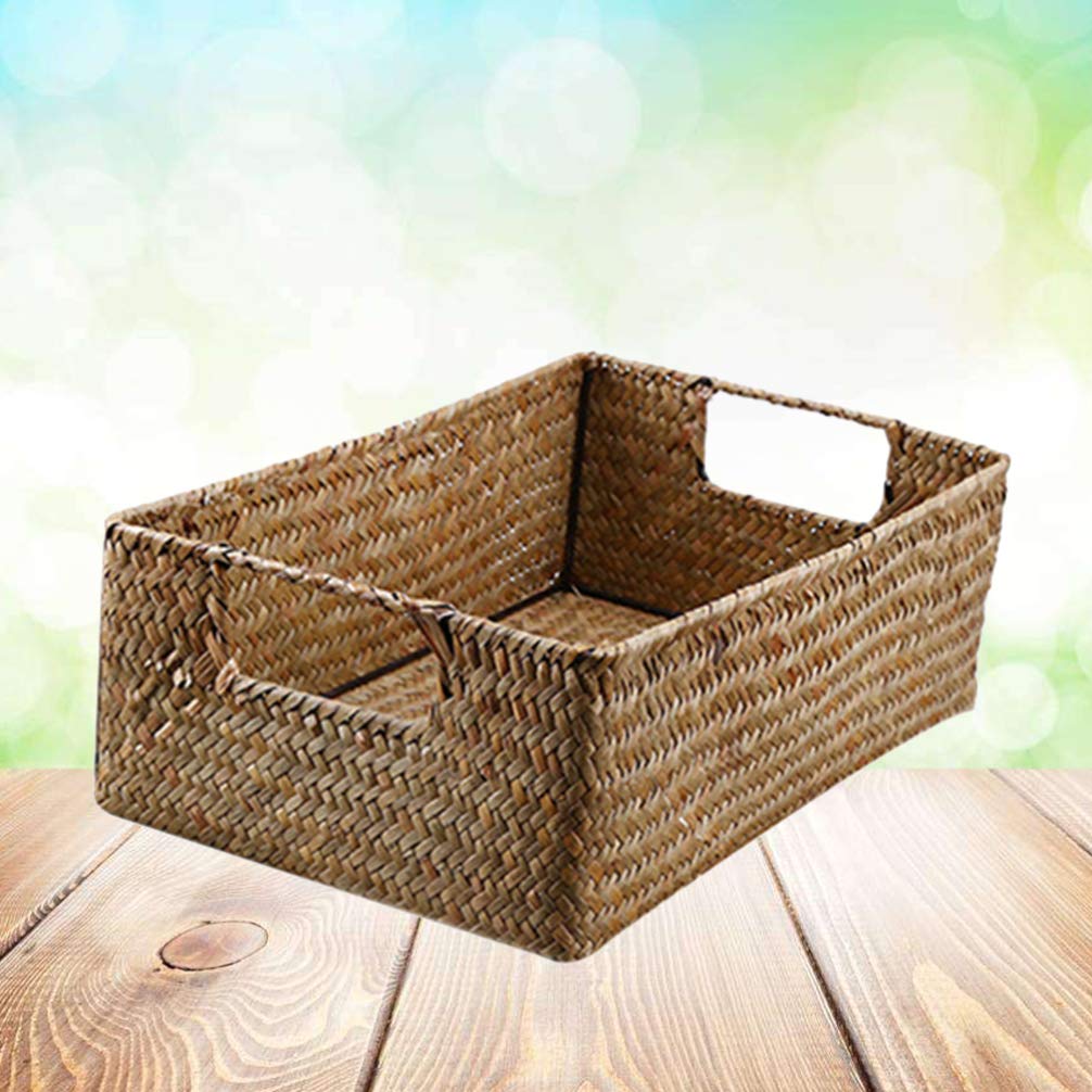 Amosfun Woven Seagrass Storage Basket with Lid - Large & Small Rectangular Organizer for Home, Bathroom, or Office - Handmade Retro Wicker Bin for Sundries, Toys, and Household Items