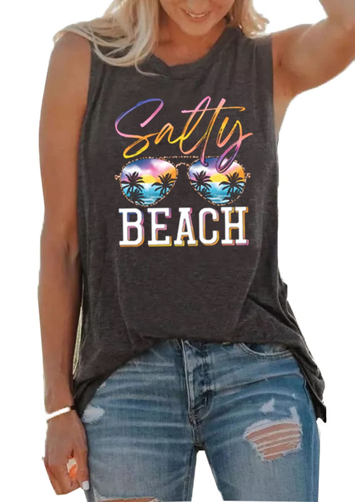 Women's Casual Summer Beach Tank Top with Coconut Tree & Leopard Sunglasses Graphic - Perfect for Hawaii Vacations, Pool Parties & Tropical Getaways
