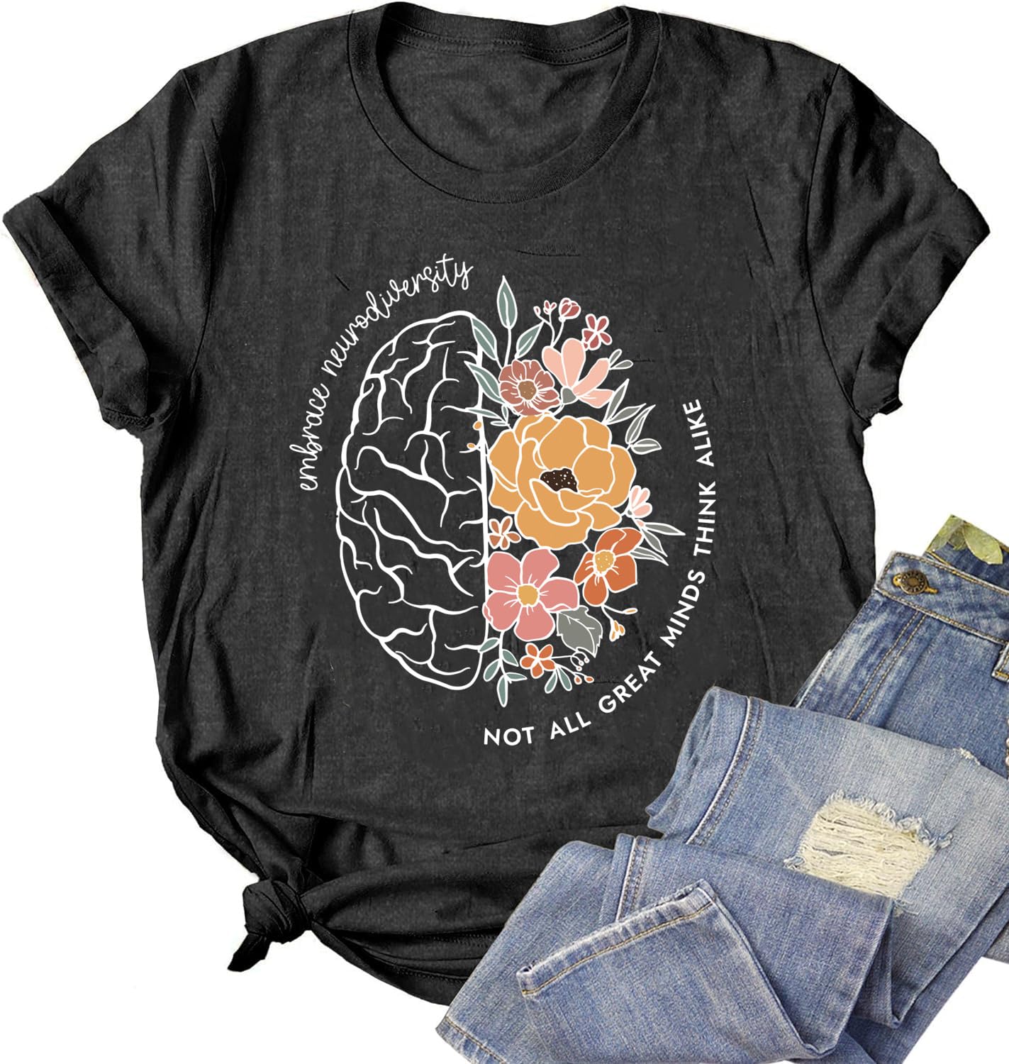 Women's Teacher T-Shirt - 'Not All Great Minds Think Alike' Letter Print Casual Top with Floral Brain Graphic | Perfect for Classroom, Teacher Appreciation Week & Casual Wear