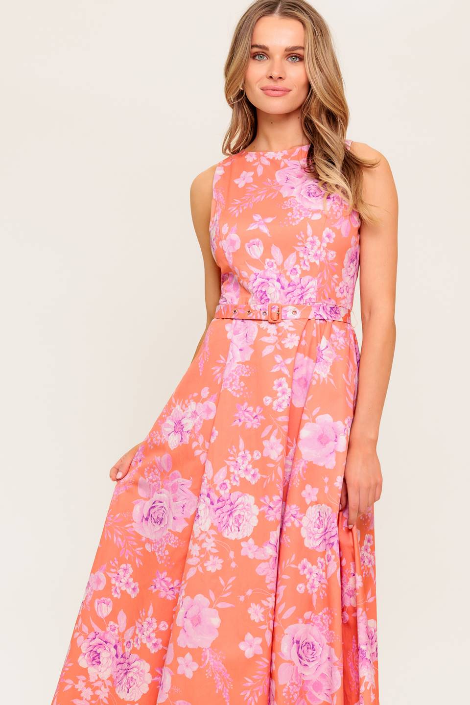 Coastline Stroll Midi Dress with Pockets - Coral Floral Print Summer Beach Dress for Women | Perfect for Vacations, Weddings & Outdoor Events