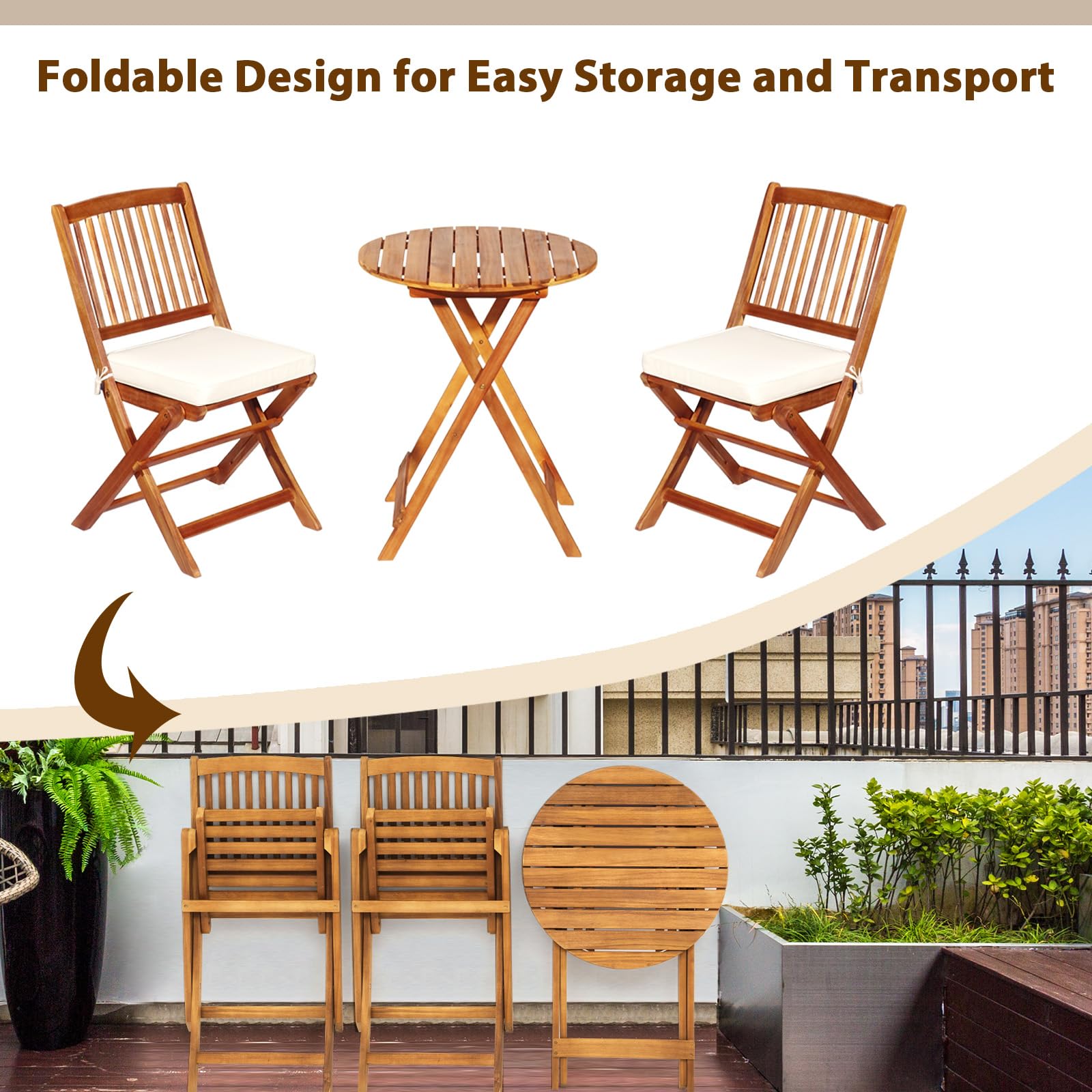 KOMFOTTEU Foldable Bistro Set, 40kg Capacity Table & 160kg Capacity Chairs with Cushions, Outdoor Garden Patio Furniture Set for Balcony, Terrace or Backyard (Beige Cushions) - Perfect for Small Spaces, Coffee Breaks & Relaxing Outdoors