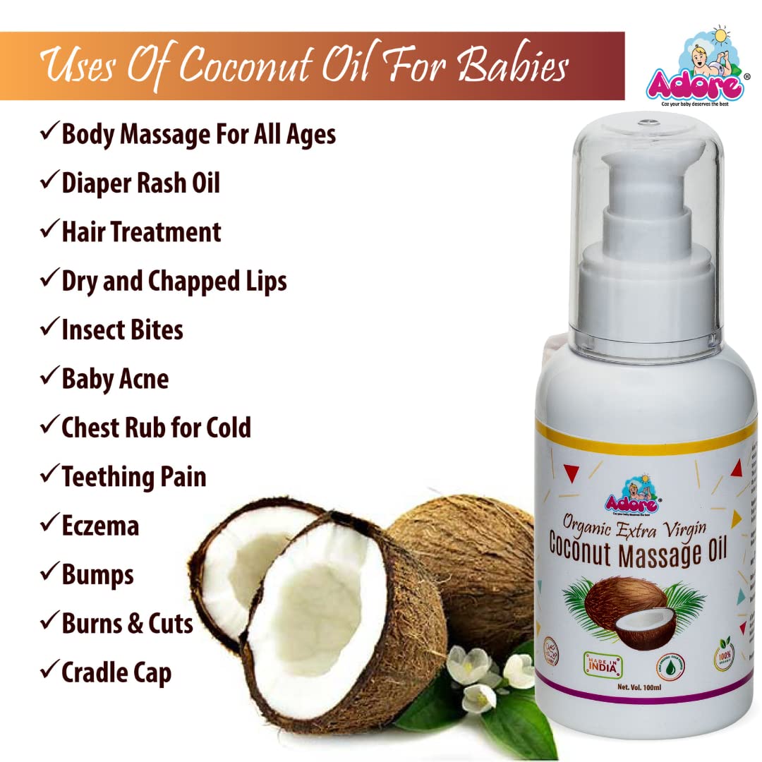 Adore Extra Virgin Cold Pressed Coconut Oil - 100% Pure, Food Grade, 100ml for Massage, Hair Care & Cooking | Perfect for Aromatherapy, Skin Moisturizing & Healthy Recipes