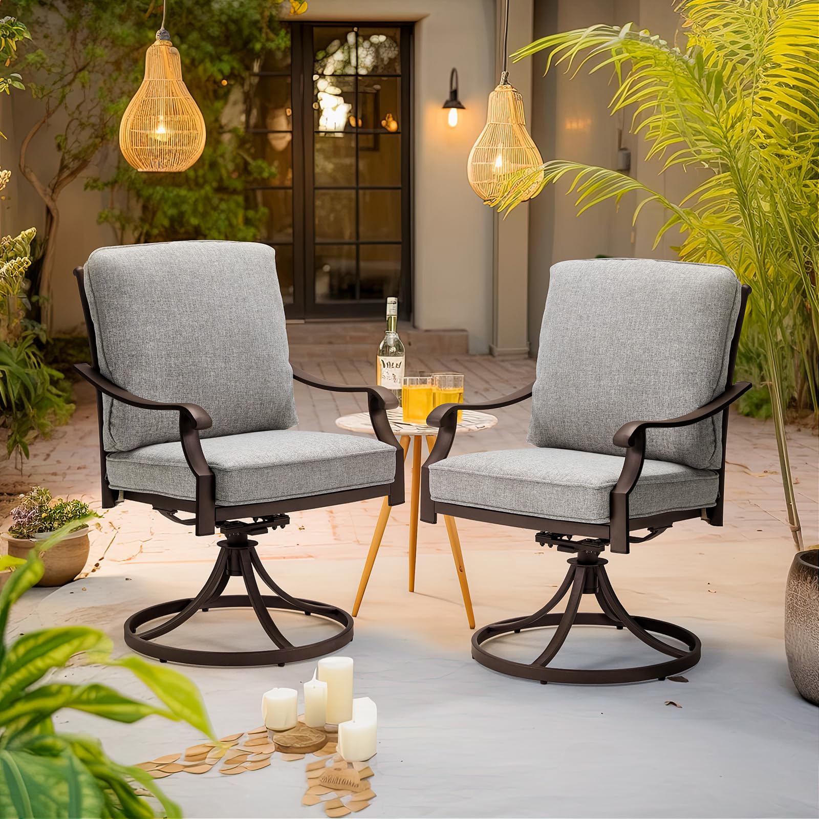 MELLCOM 2-Piece Patio Swivel Chair Set - Heavy Duty Outdoor Dining Chairs with Thickened Cushions, Gentle Rocking Metal Frame - Perfect for Garden, Lawn, Porch, Backyard & Poolside (Grey) | Weather-Resistant & Comfortable for Outdoor Relaxation & Entertaining