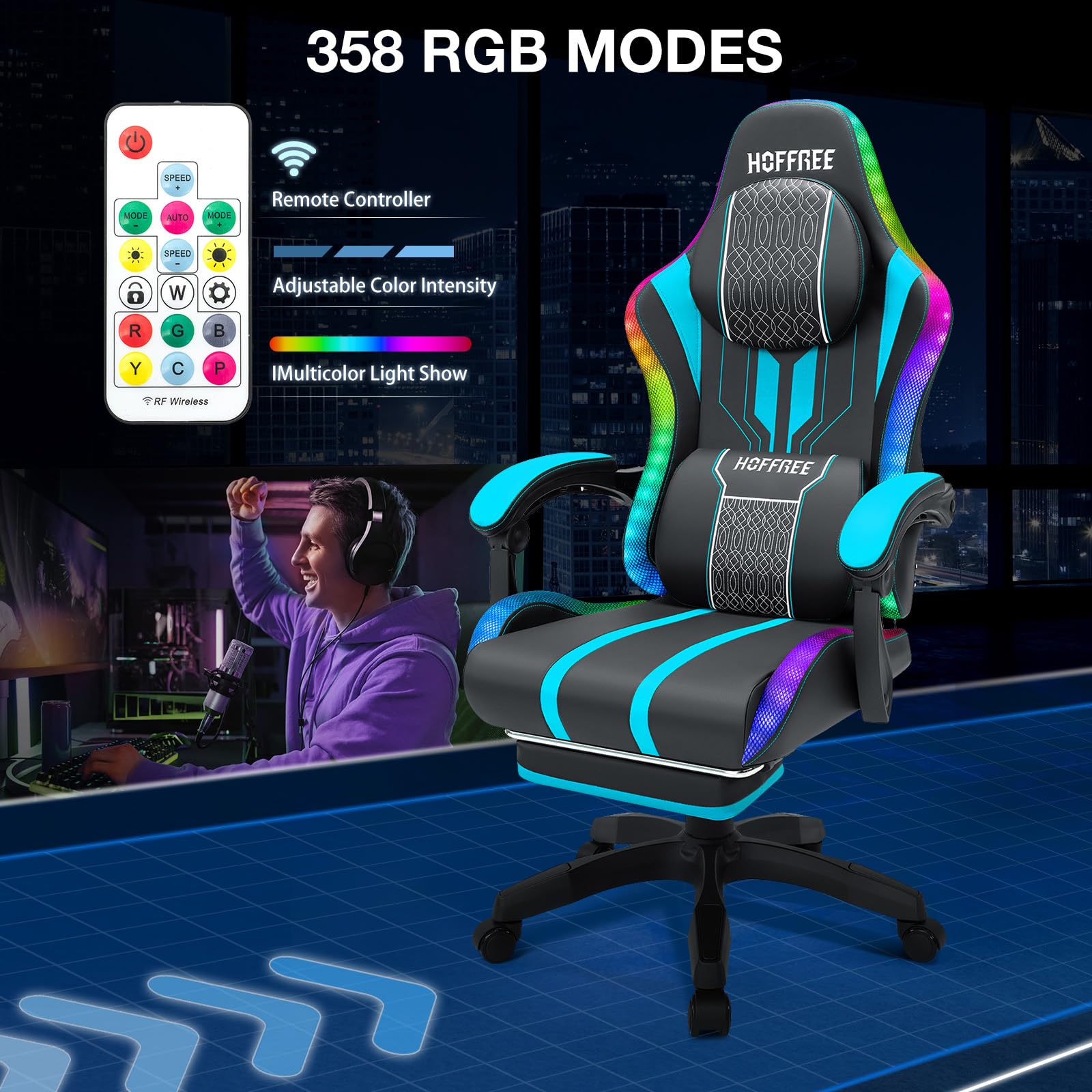 HOFFREE LED Gaming Chair with Massage & Speakers - Big and Tall Reclining Video Game Chair with Footrest - 400lbs Capacity High Back Ergonomic Computer Desk Chair (Blue and Black) - Perfect for PC Gaming, Office Work & Home Entertainment
