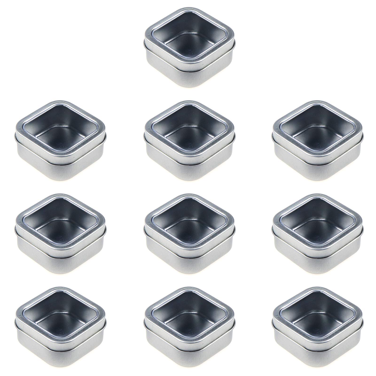 Coshar 10-Piece Square Metal Storage Organizer Set - Mini Tin Boxes with Clear Window Lids for Candy, Candles, Lip Balm & Solid Perfume (Silver) - Perfect for Home, Office, Party Favors & Travel Organization