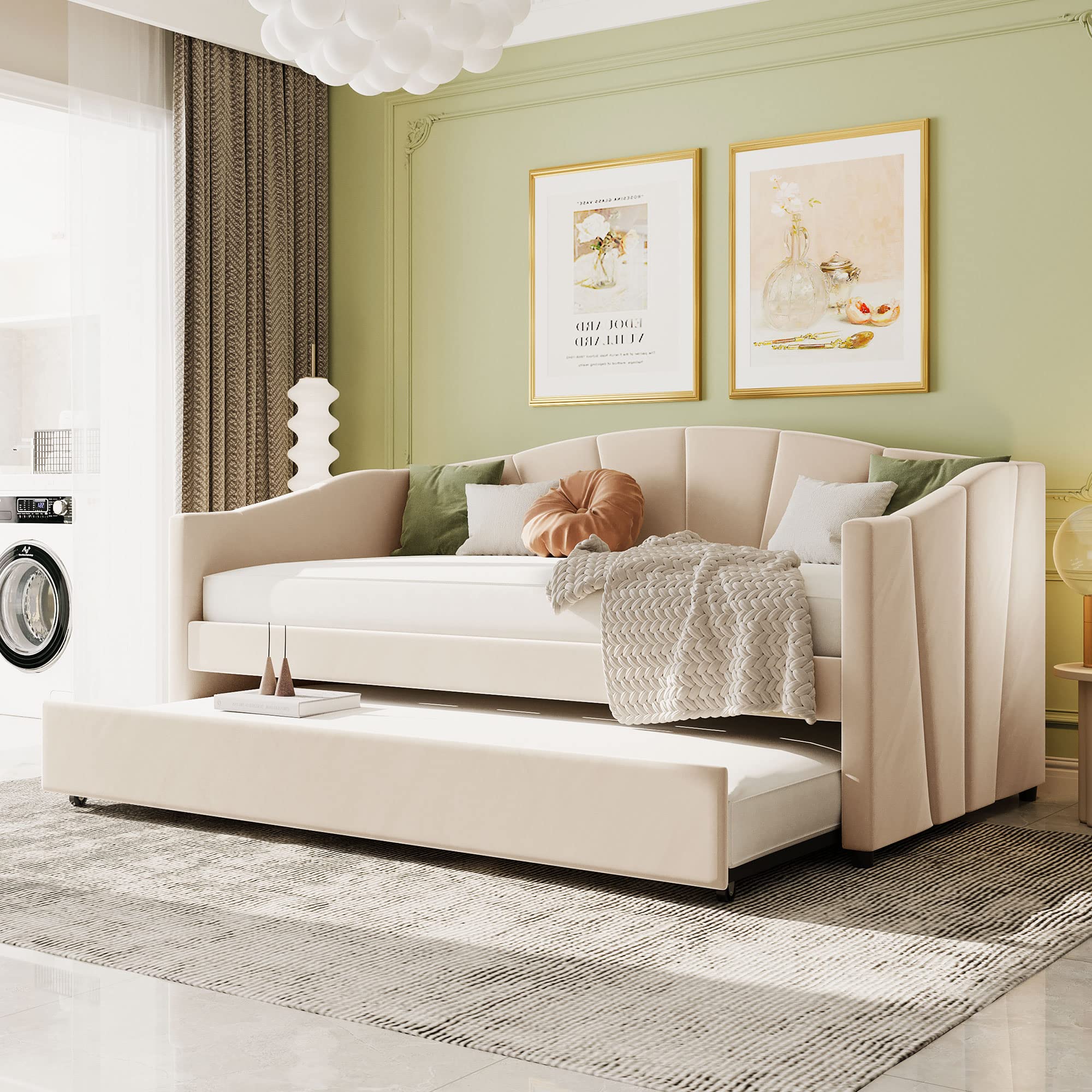 Harper & Bright Designs Beige Twin Size Daybed with Trundle - Velvet Upholstered Sofa Bed with Wood Slat Support for Living Room & Bedroom - No Box Spring Needed - Perfect for Guest Rooms, Small Spaces & Multi-Functional Furniture Needs