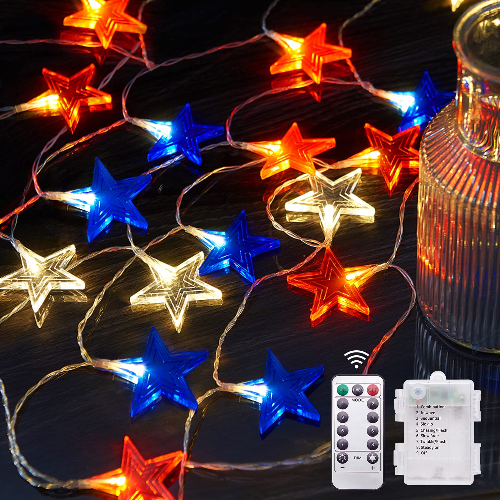BlcTec 30FT 60 LED Patriotic Lights - Red White and Blue Big Stars Battery Operated Waterproof Outdoor Decorations with Remote & 8 Lighting Modes for 4th of July, Memorial Day, Independence Day Celebrations, Backyard Parties and Home Decor