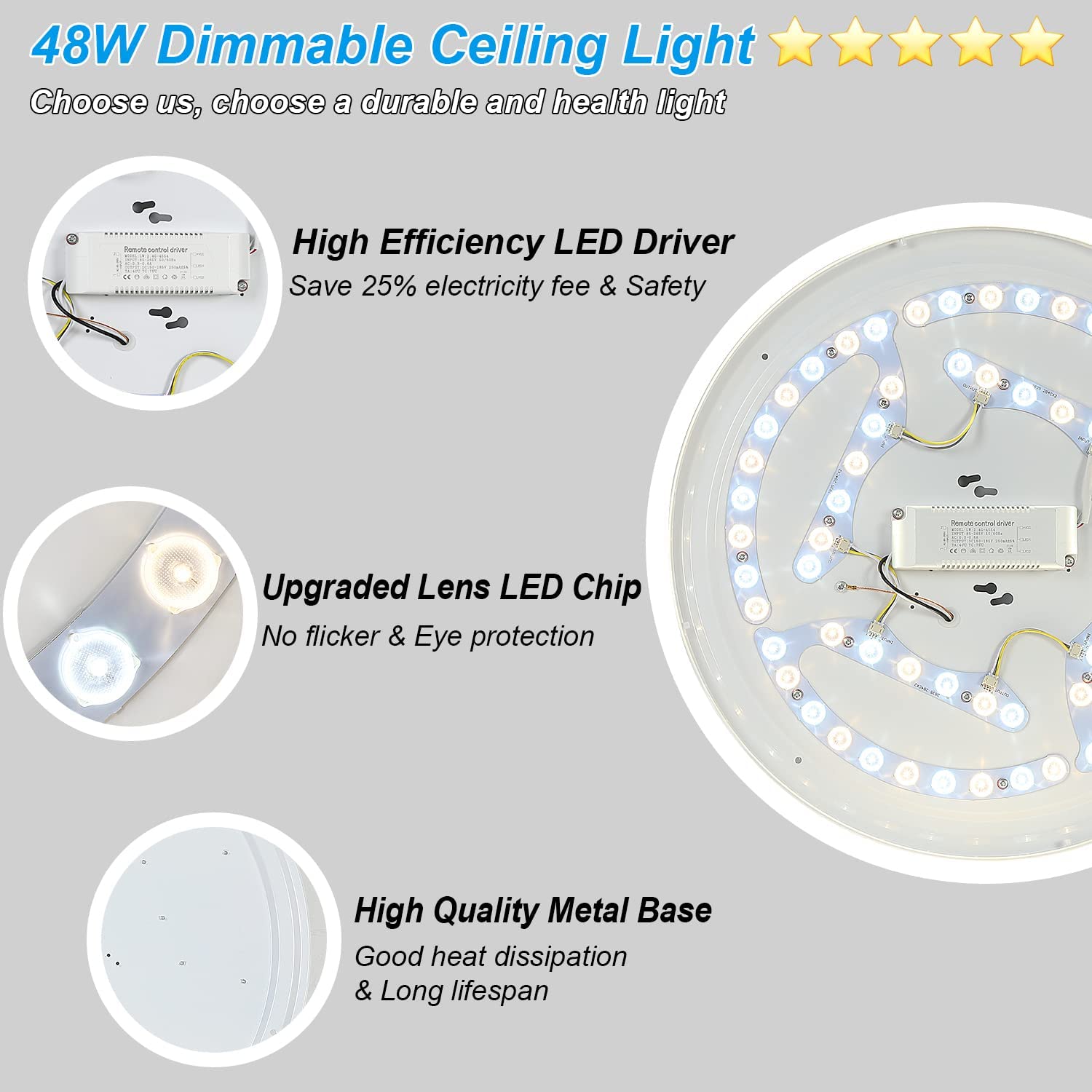 Depuley 48W Dimmable LED Ceiling Light Fixture - 20 Inch Round Flush Mount with Remote Control, 3 Color Changing Lights for Dining Room, Living Room, Bedroom, Office & Hotel - Perfect for Modern Home and Commercial Spaces