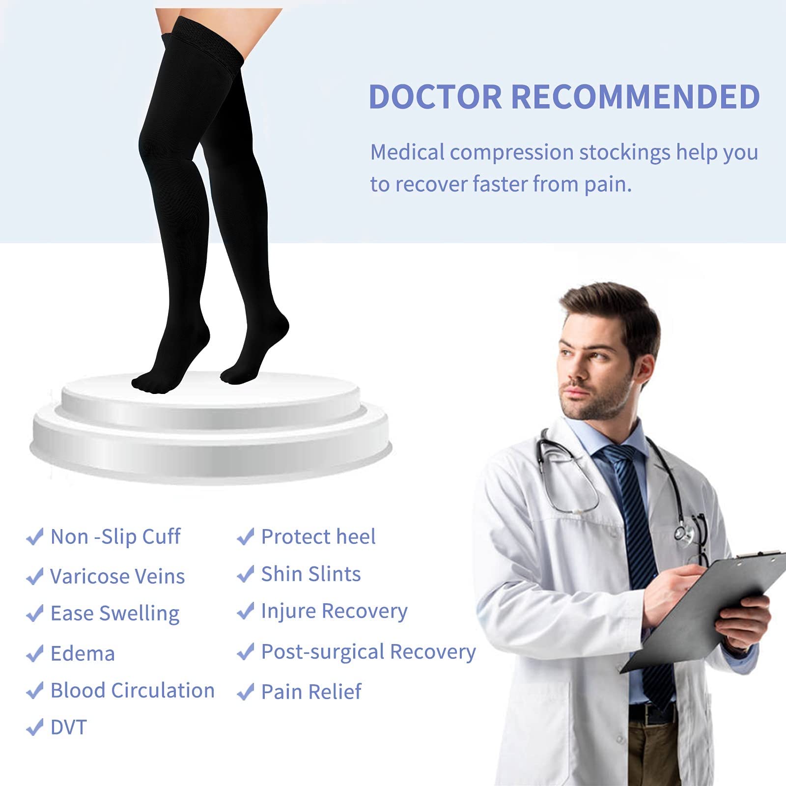 15-20mmHg Thigh High Compression Socks for Women & Men - Medical Grade Closed Toe Support Stockings with Silicone Band - Best for Running, Nursing, Sports & Varicose Vein Relief - Ideal for Workouts, Long Shifts & Circulation Support