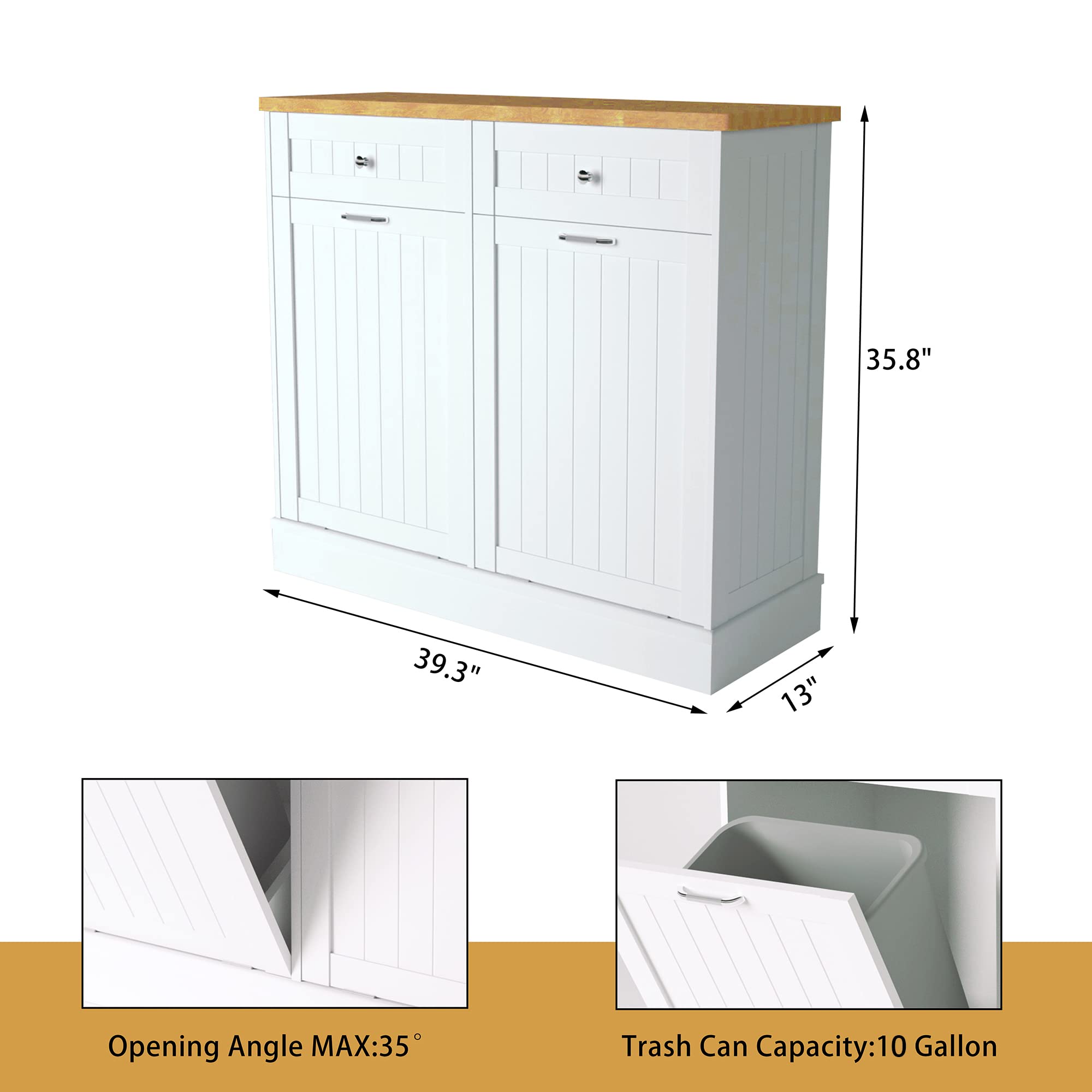 10 Gallon Wooden Tilt-Out Trash Cabinet - Free Standing Laundry Sorter & Recycling Bin with Hideaway Drawer for Kitchen, Bathroom, and Utility Room Organization