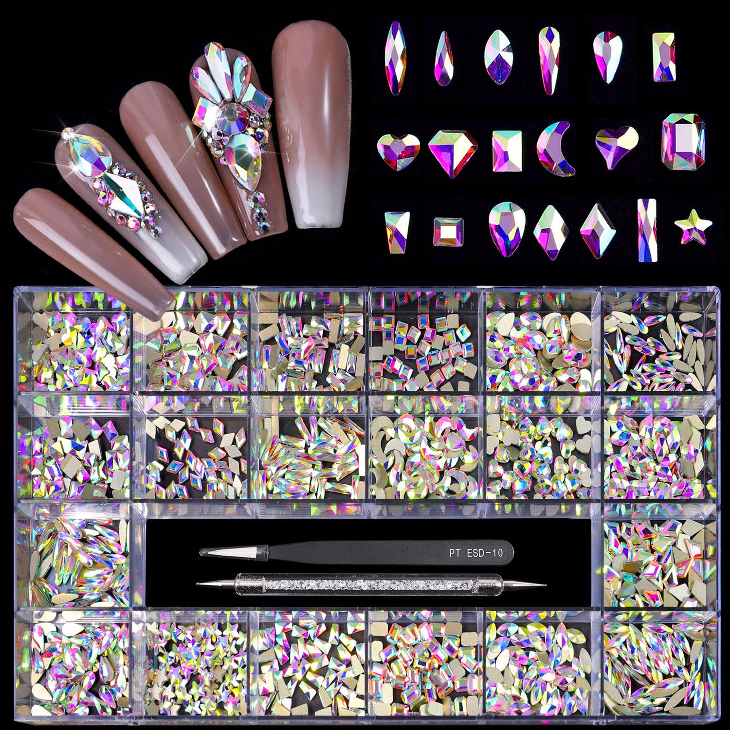 1000pcs Mixed Crystal AB Diamonds Flatback Rhinestones for DIY Crafts - 20 Colors, 3D Decorations with Tweezers & Drill Pen - Perfect for Nail Art, Jewelry Making, Scrapbooking & Home Decor
