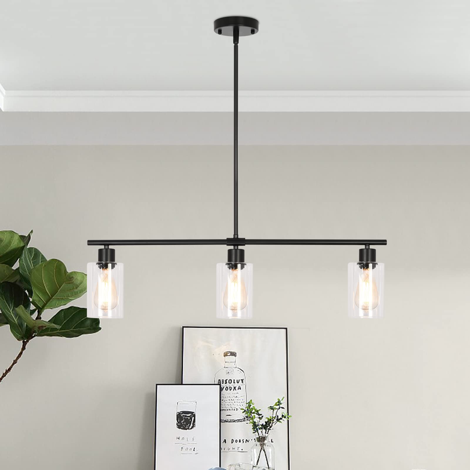 Modern Black Farmhouse Chandelier - 3-Light Pendant Lighting for Kitchen Island, Dining Room & Living Room | Glass Shade Ceiling Hanging Light Fixture | Perfect for Entryway, Foyer & Home Decor