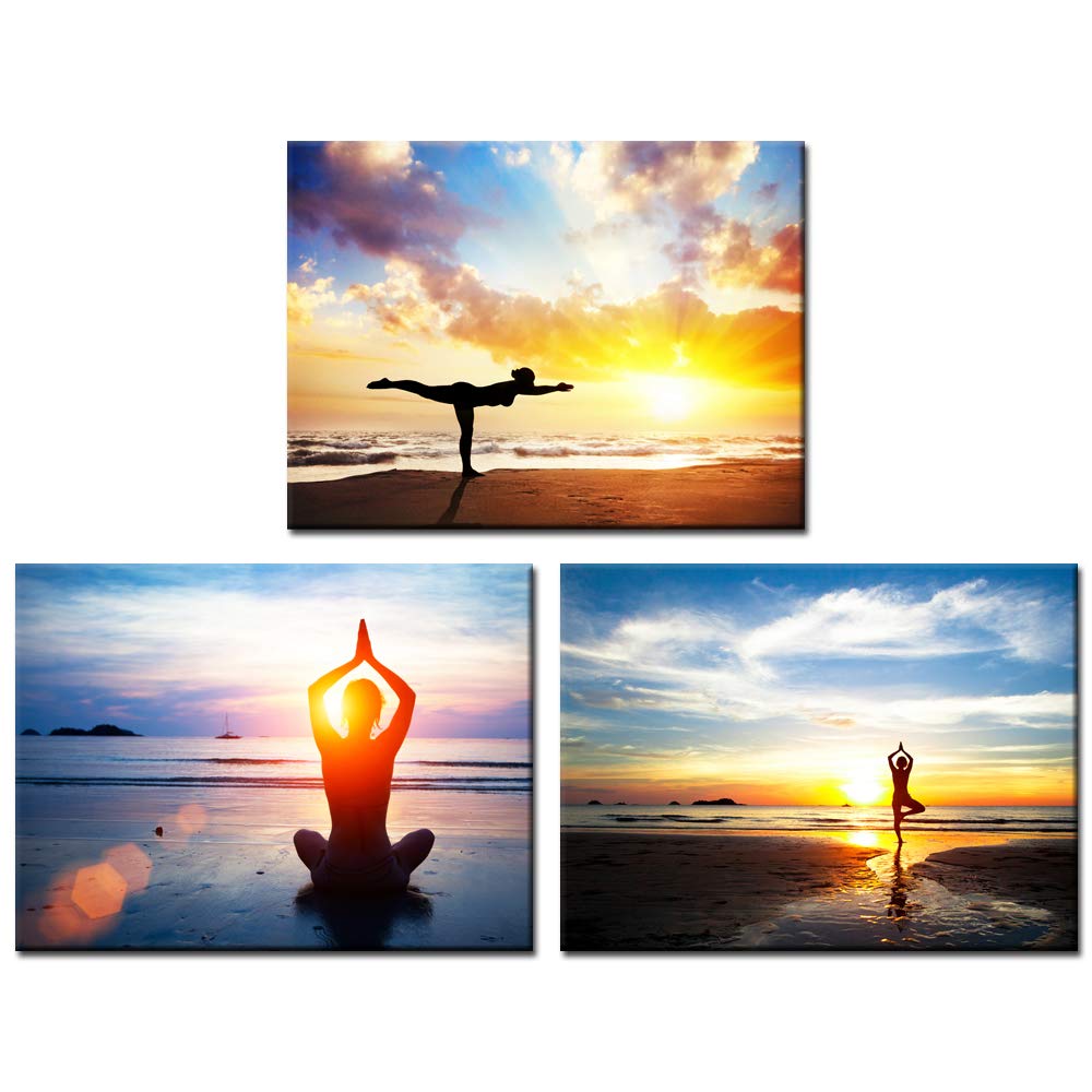 Biuteawal - 3 Piece Seascape Yoga Girl Beach Painting, Stretched Canvas Wall Art for Yoga Room, Bedroom & Bathroom Decor - Perfect for Meditation Spaces & Coastal Home Decor