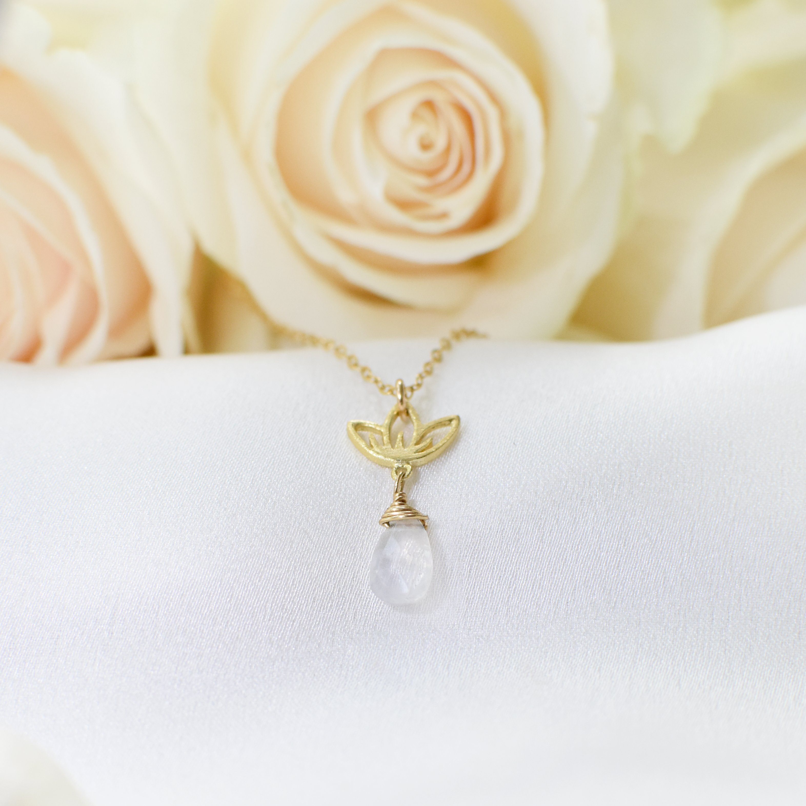 Rainbow Moonstone Necklace with Drop Lotus Charm - 14K Gold Filled Jewelry for Women, Elegant Boho Pendant Necklace for Everyday Wear & Special Occasions