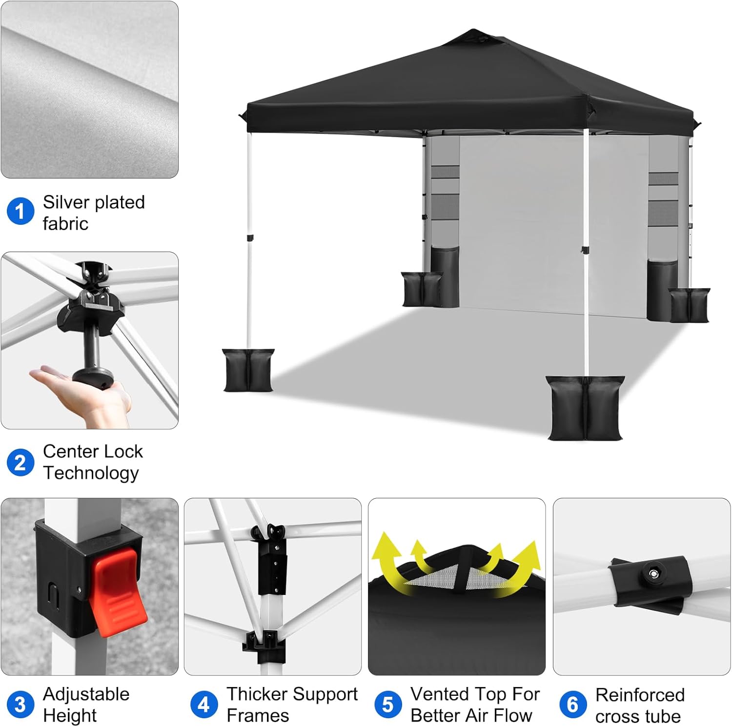 WEIZE 10x10 Pop Up Canopy Tent - Instant One-Button Setup Gazebo with Adjustable Height, 1 Sidewall & 6 Storage Pockets | Includes 4 Weight Bags | Portable Sun Shelter for Outdoor Events, Beach Parties, Camping & Backyard Gatherings (Black)