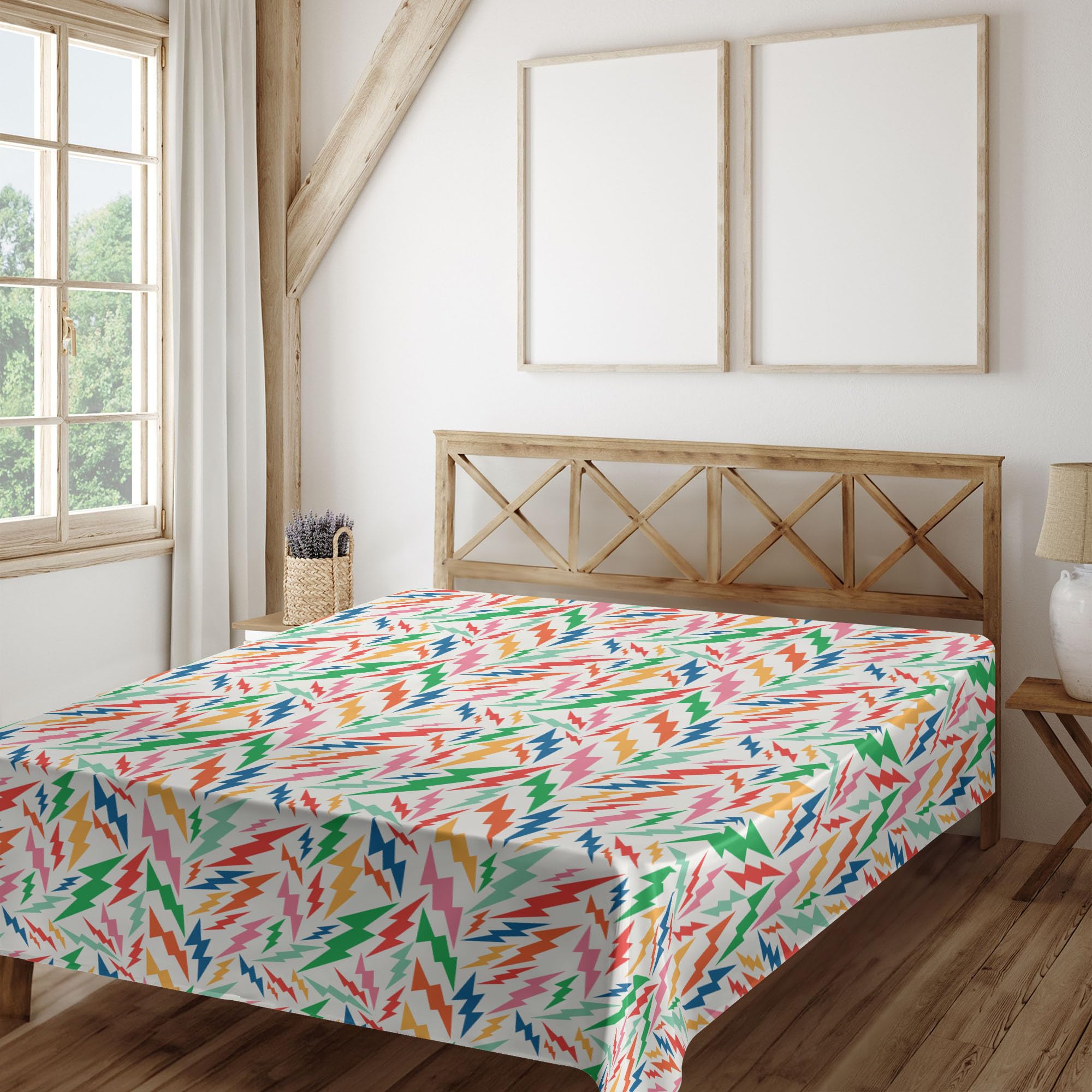 Ambesonne Queen Flat Sheet - Colorful Hipster Thunder Bolt Design for Teens | Soft Bedding for Youth Rooms