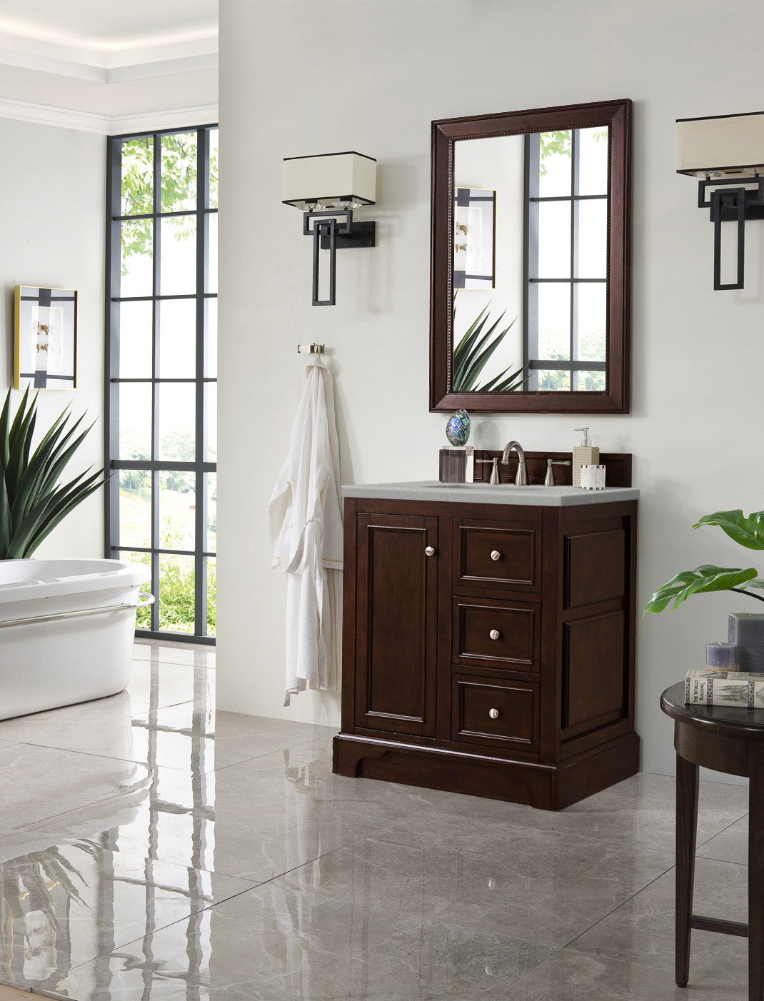 De Soto 30 Inch Single Bathroom Vanity with Burnished Mahogany Finish & 3CM Eternal Serena Quartz Countertop - Perfect for Modern Bathroom Renovations and Small Space Solutions