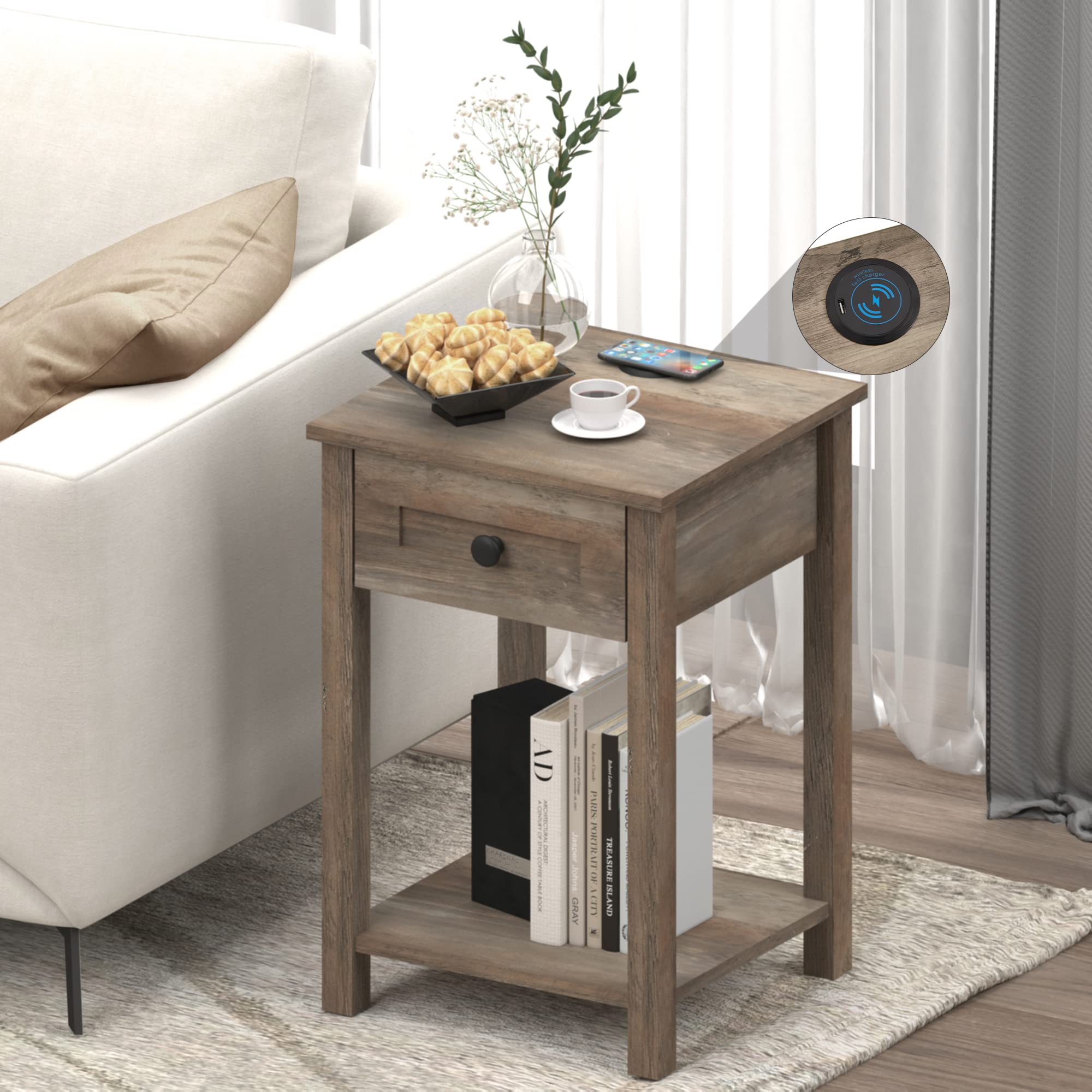 Saedew Nightstand with Wireless Charging & USB Ports - Bedside Table with Drawers for Bedroom, Living Room, Home Office - Perfect for Charging Phones & Storing Essentials (Grey)