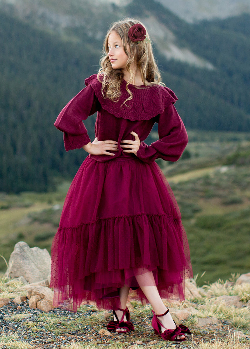 Brigitte Skirt in Burgundy Dot - Women's Vintage-Inspired Polka Dot Midi Skirt | Perfect for Office, Date Night & Fall Outfits
