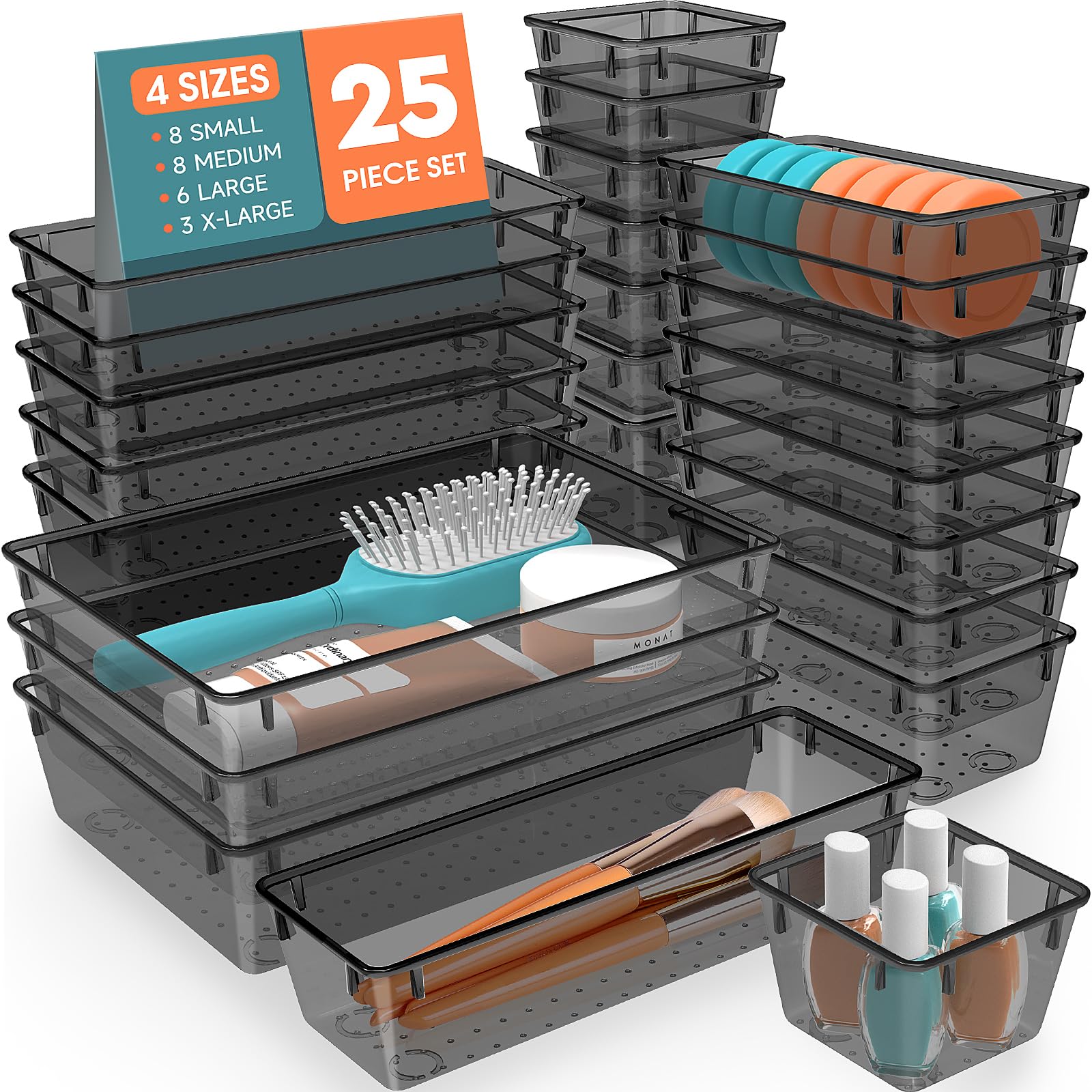 25-Piece Plastic Drawer Organizer Set - 4-Size Versatile Storage Trays & Bins for Makeup, Jewelry, Office Supplies | Bathroom, Bedroom & Desk Organization (Black) - Perfect for Vanity, Dresser & Clutter-Free Workspace