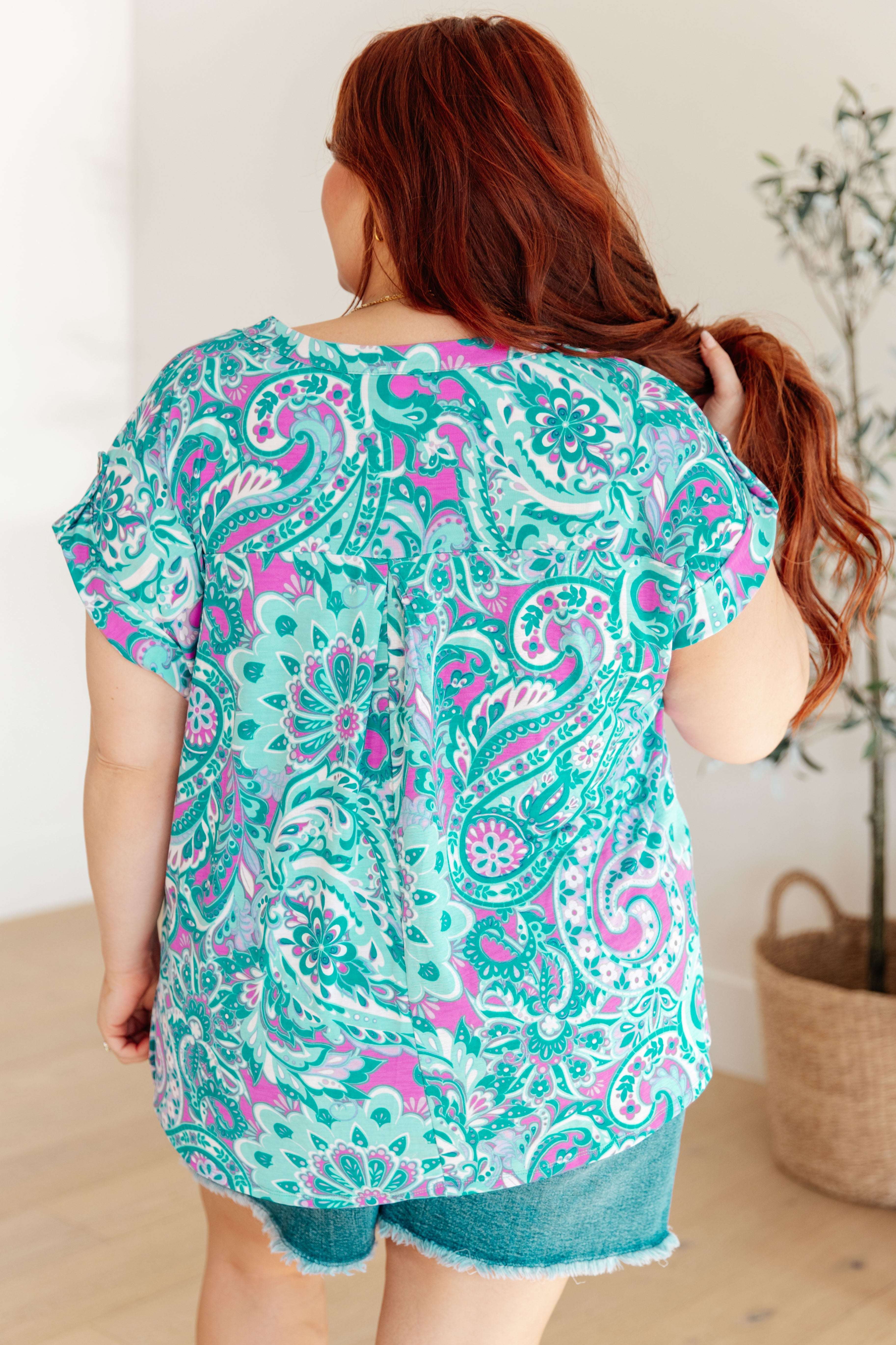 Lizzy Cap Sleeve Top for Women - Floral Paisley Print in Magenta & Teal | Casual Blouse for Summer, Date Night & Office Wear